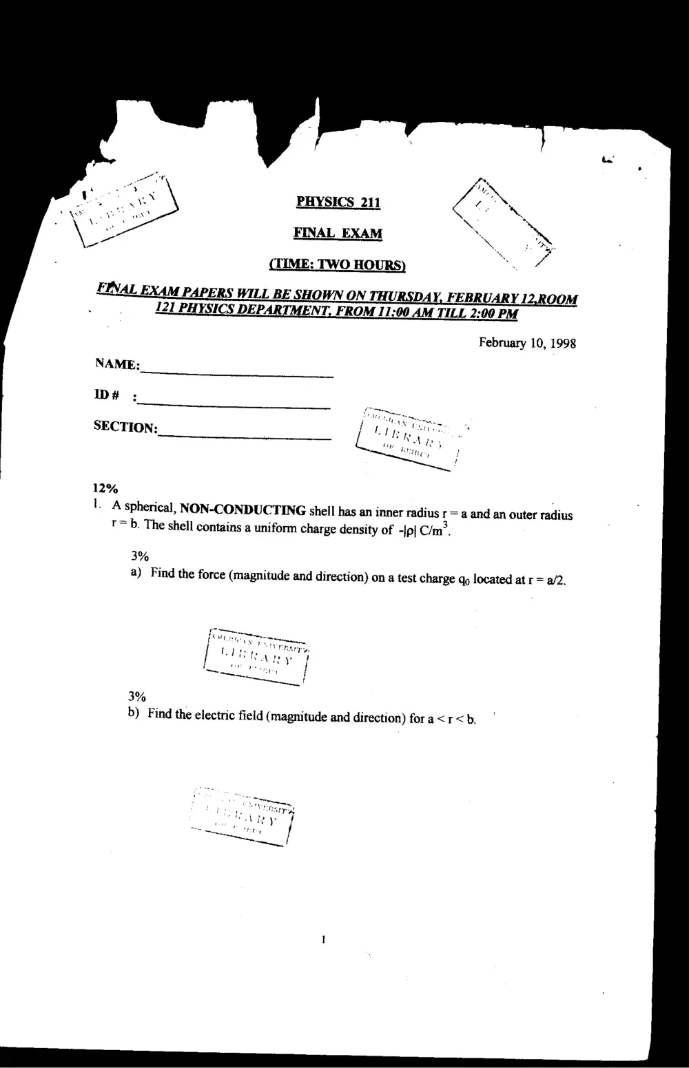 PHYS 211 Final, Summer 1998, page 1