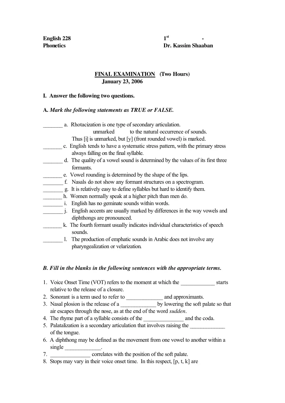 ENG 228 Final, Fall 2005, page 1