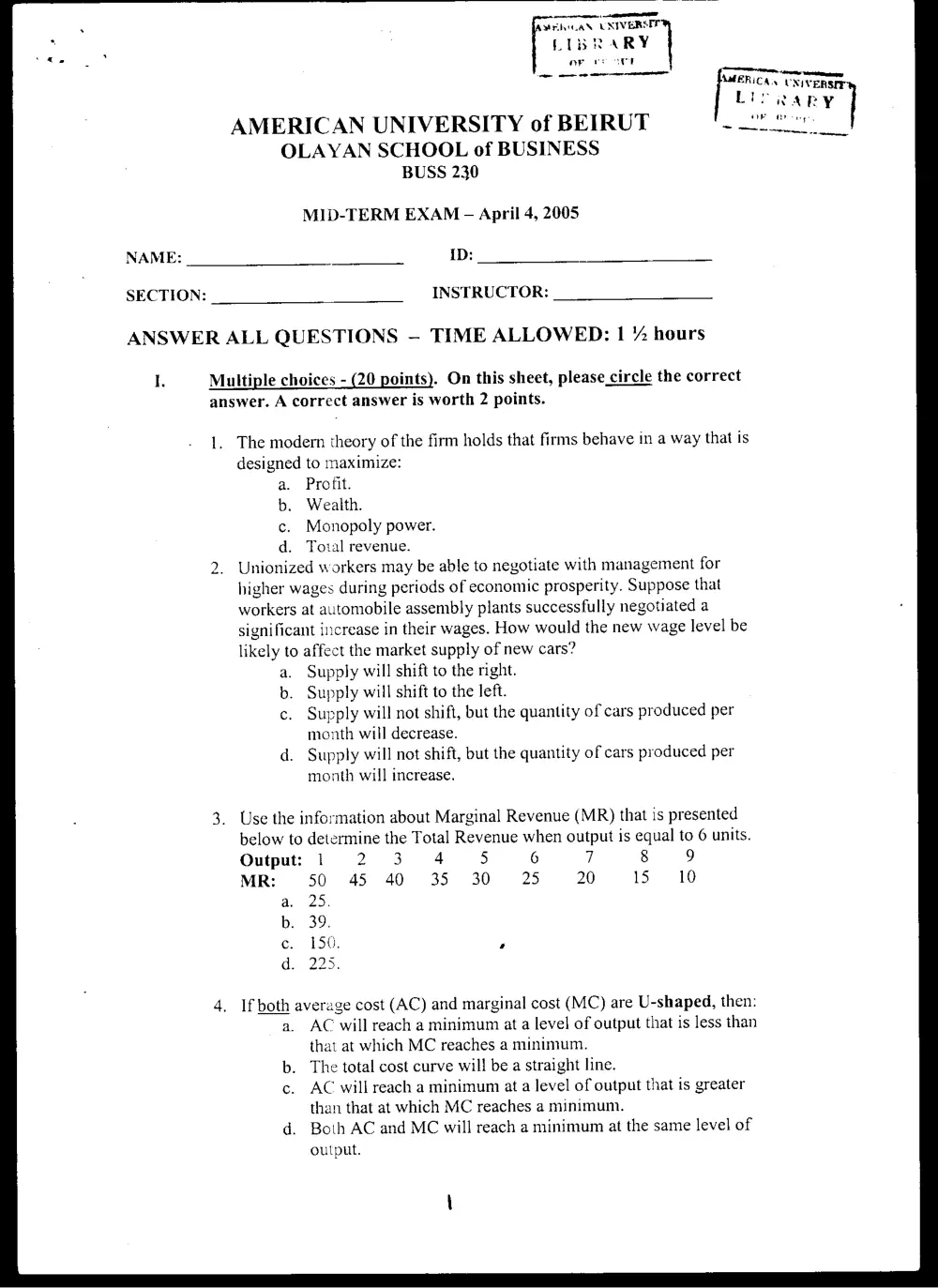 BUSS 230 Midterm, Spring 2005, page 1