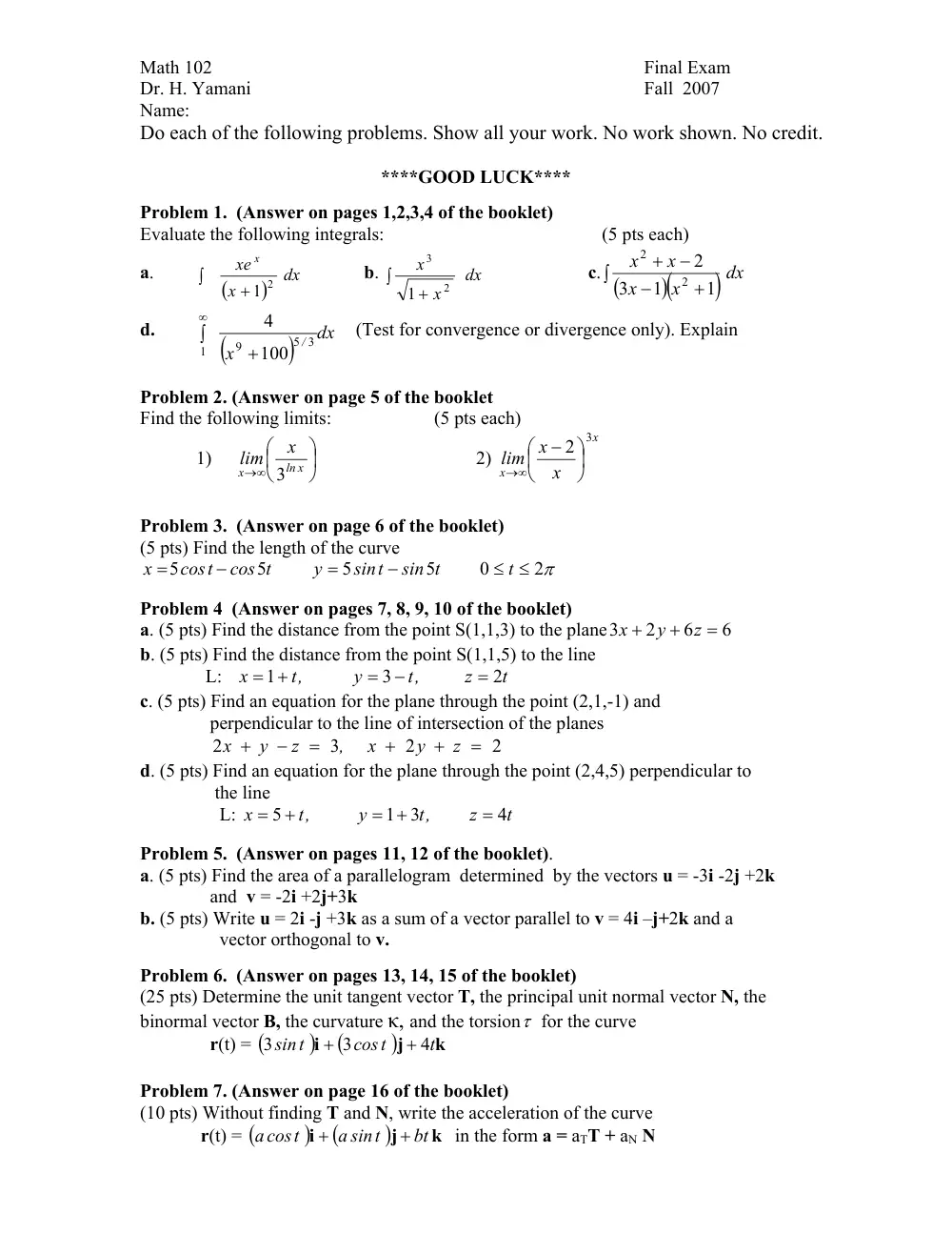 MATH 102 Final, Fall 2007, page 1