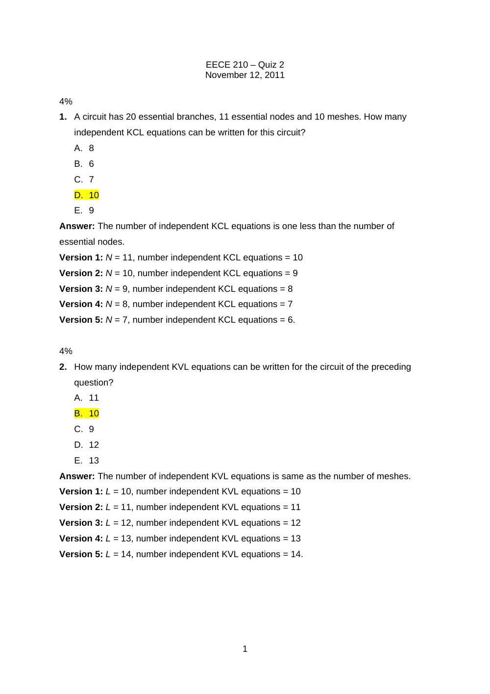 EECE 210 Exam 2 with Solution, Fall 2011, page 1