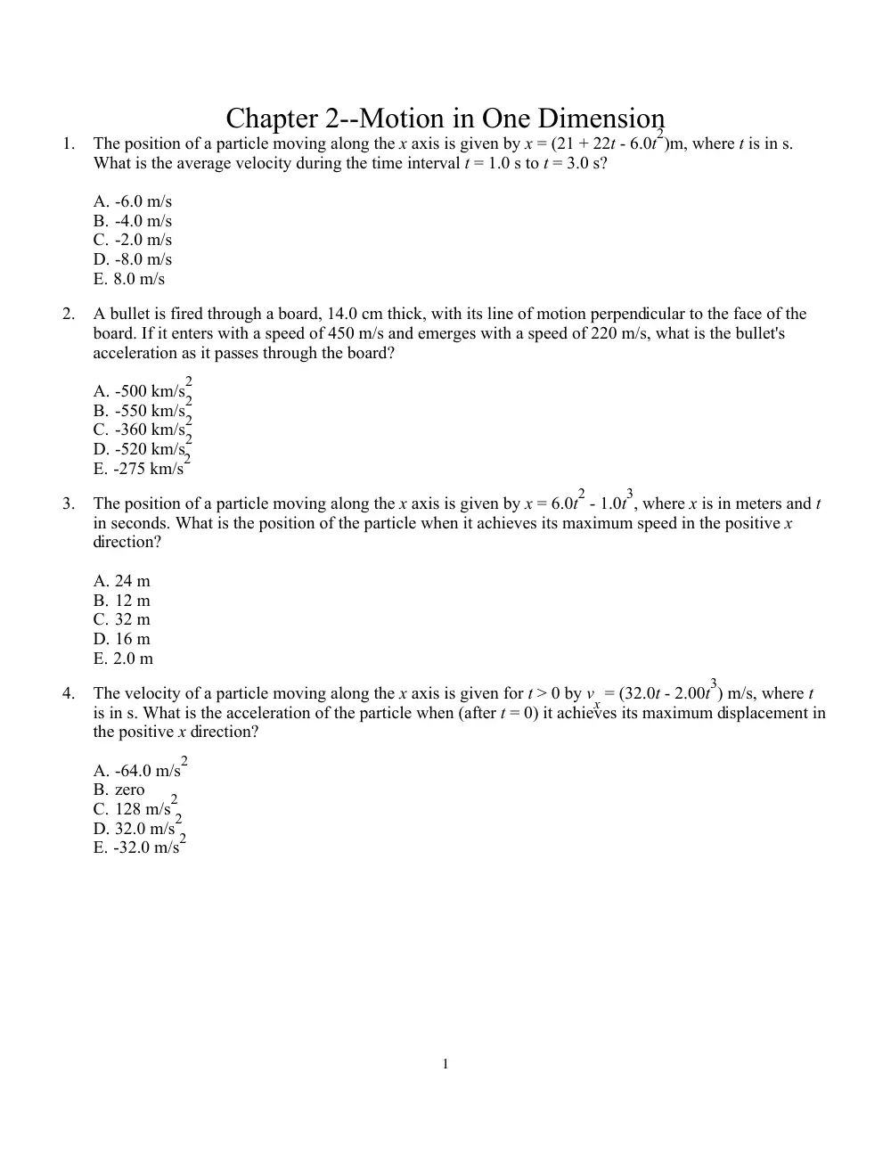 PHYS 210 Problems Test Bank Chapter 2, Fall 2012, page 1