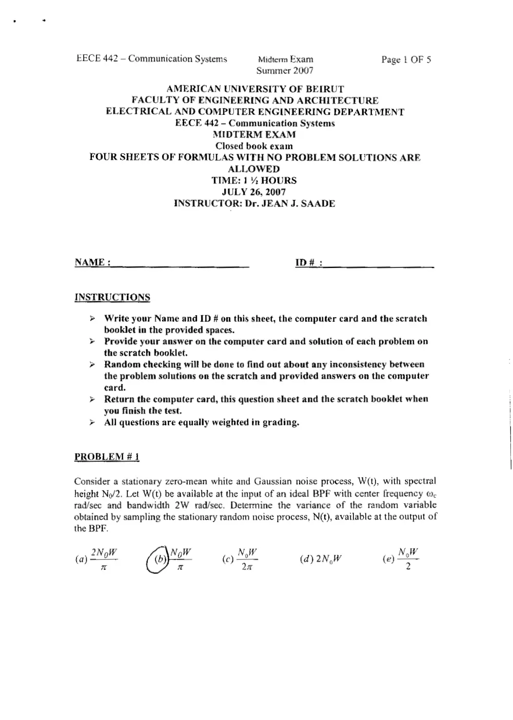 EECE 442 Midterm, Summer 2007, page 1