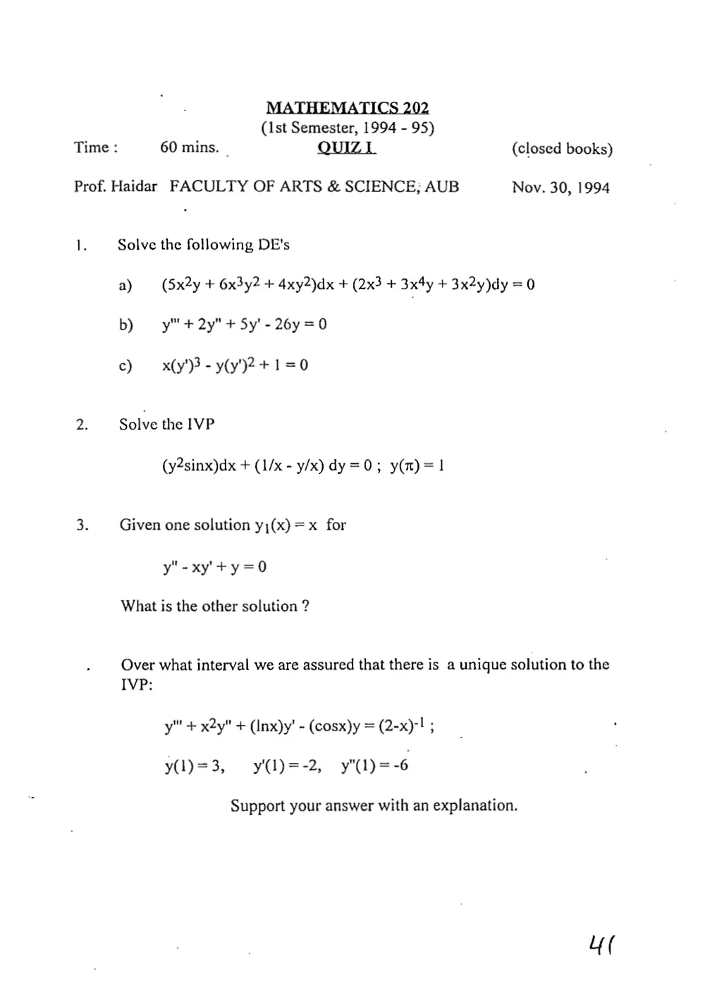 MATH 202 Exam 1 with Solution, page 1