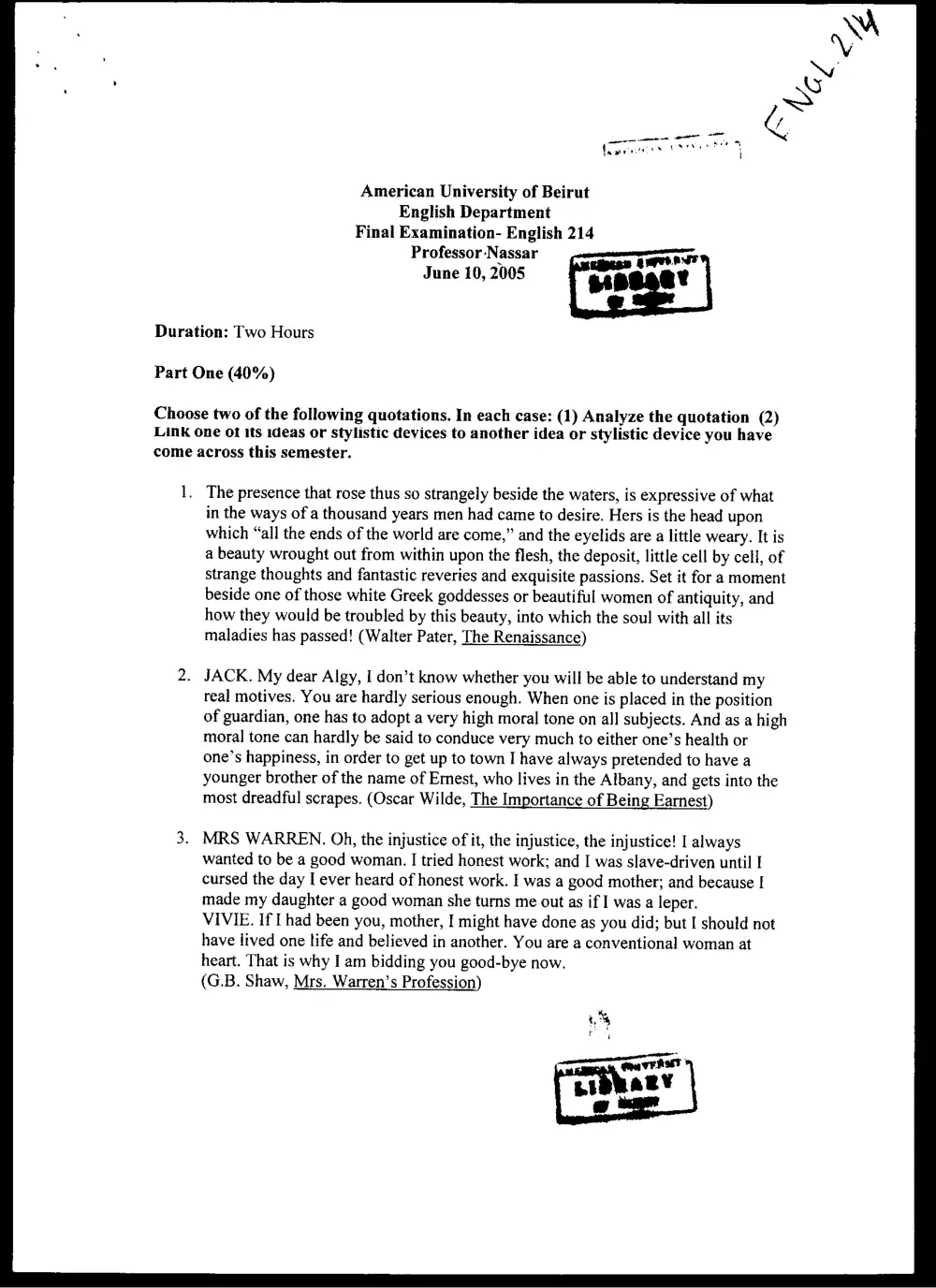 ENG 214 Final, Spring 2005, page 1