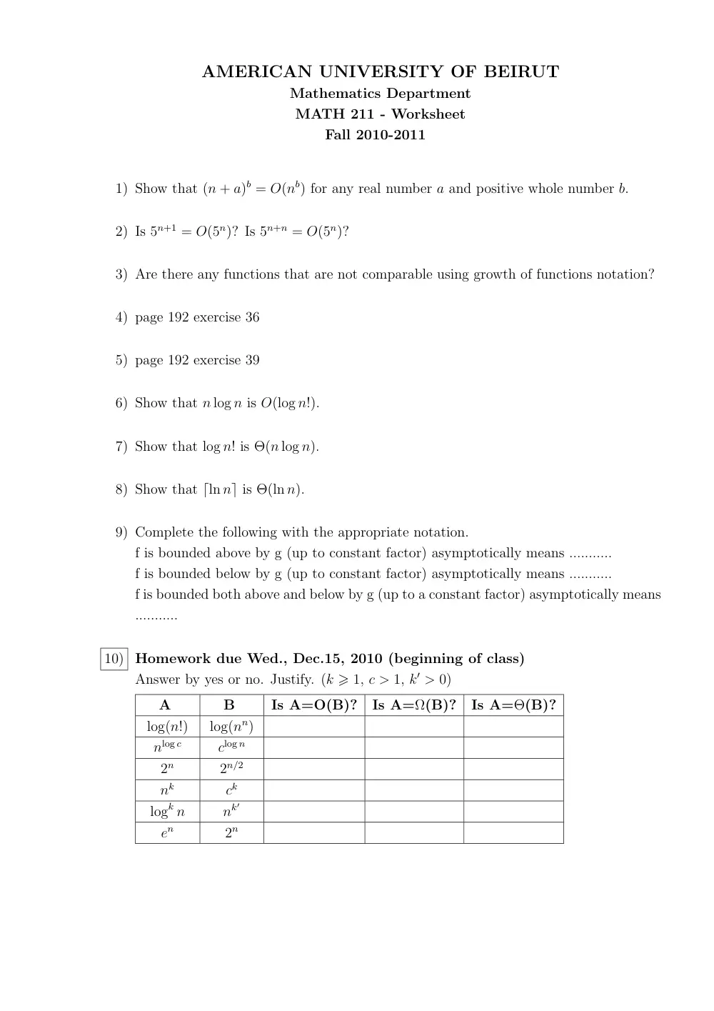 MATH 211 Problems, Fall 2010, page 1