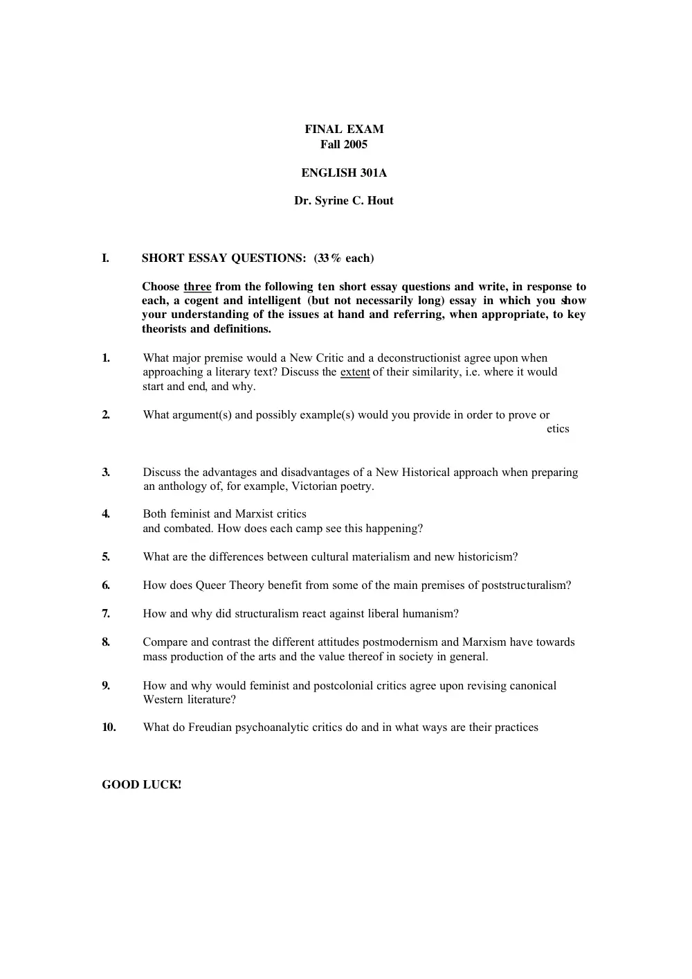 ENG 301 Final, Fall 2005, page 1