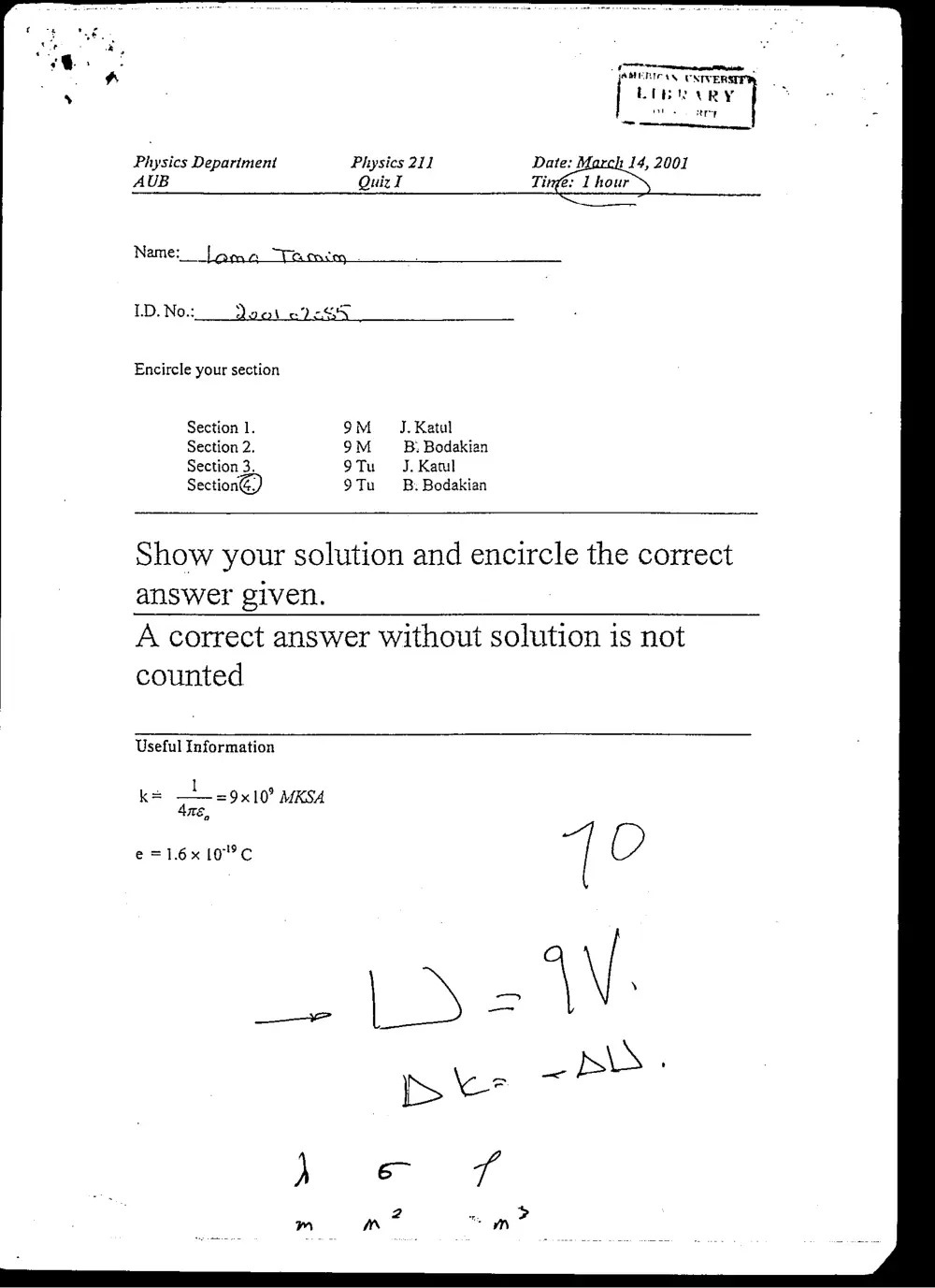 PHYS 211 Exam 2, Spring 2001, page 1