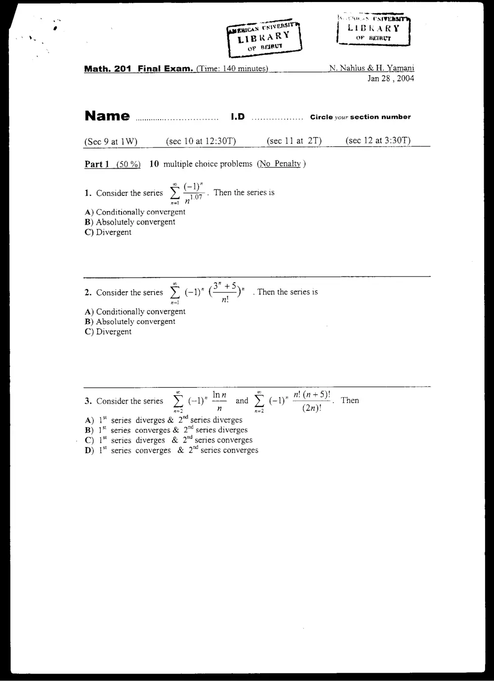 MATH 201 Final, Fall 2003, page 1