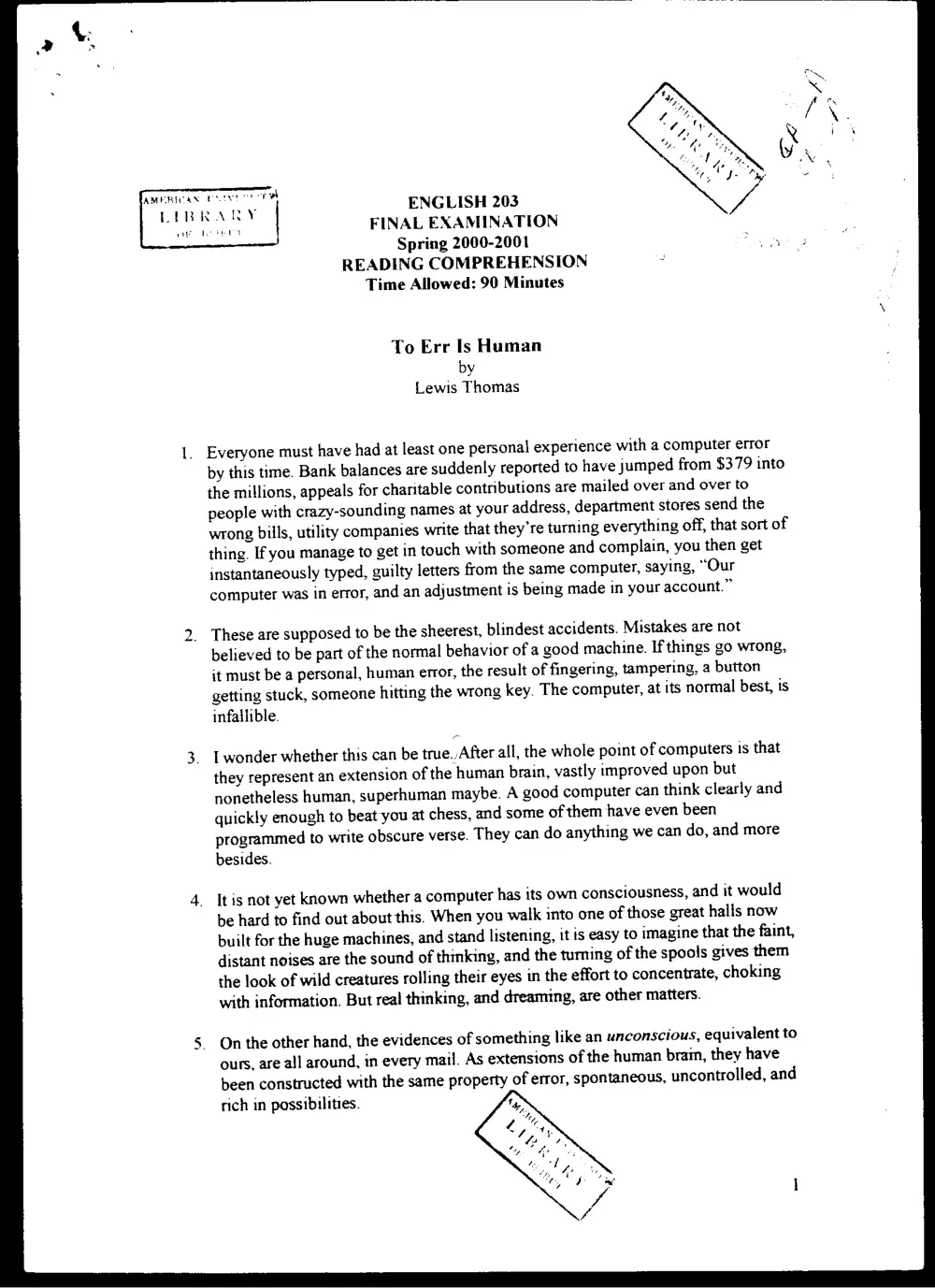 ENG 203 Final, Spring 2001, page 1