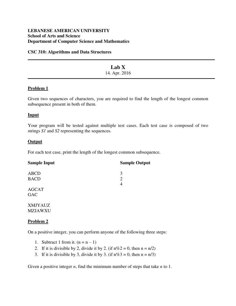 CSC 310 Lab 10, Spring 2016, page 1