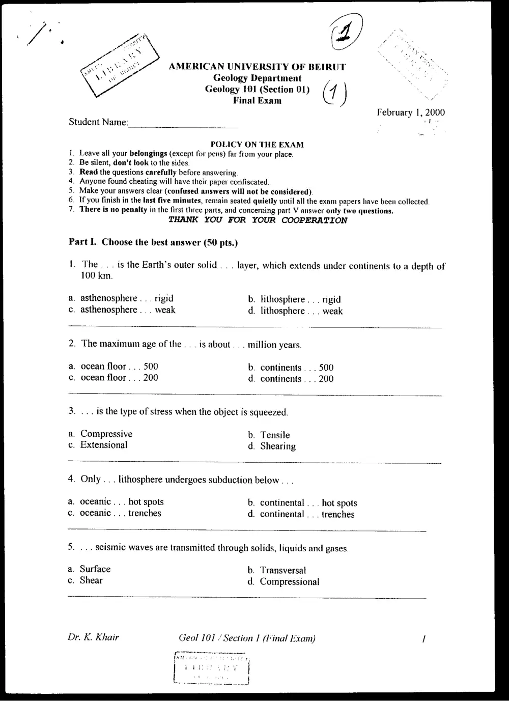 GEOL 101 Final, Fall 1999, page 1
