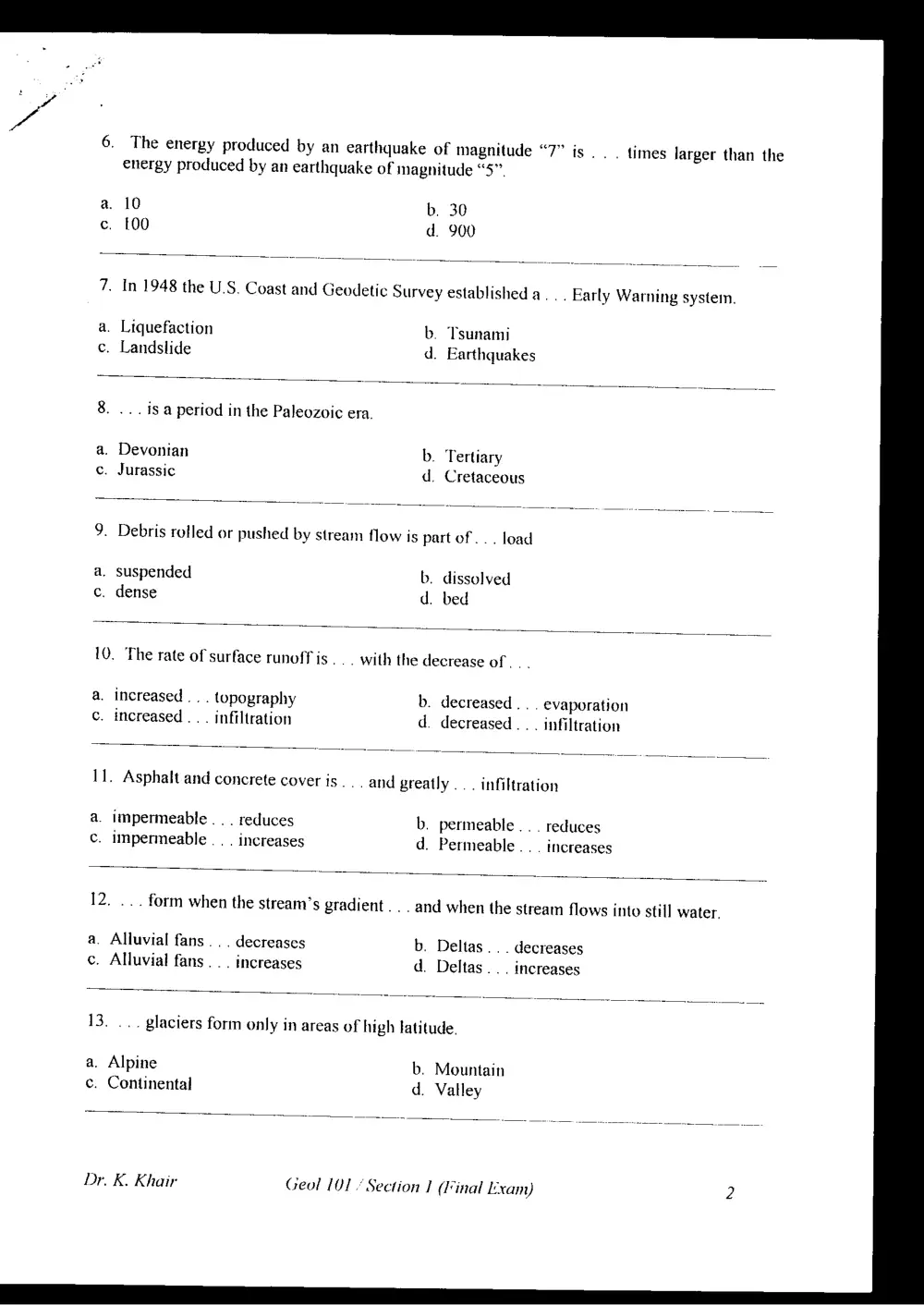 GEOL 101 Final, Fall 1999, page 2