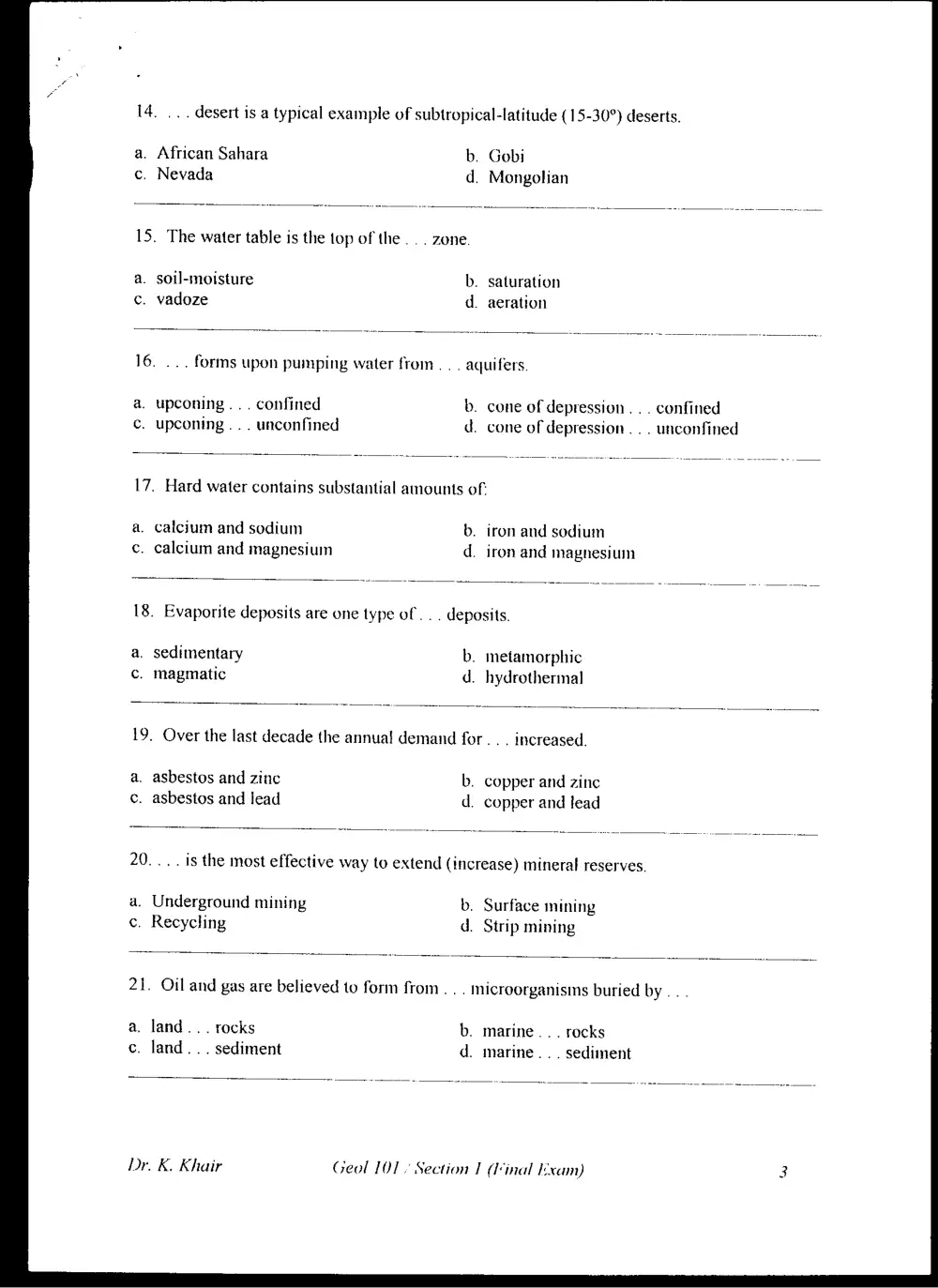 GEOL 101 Final, Fall 1999, page 3