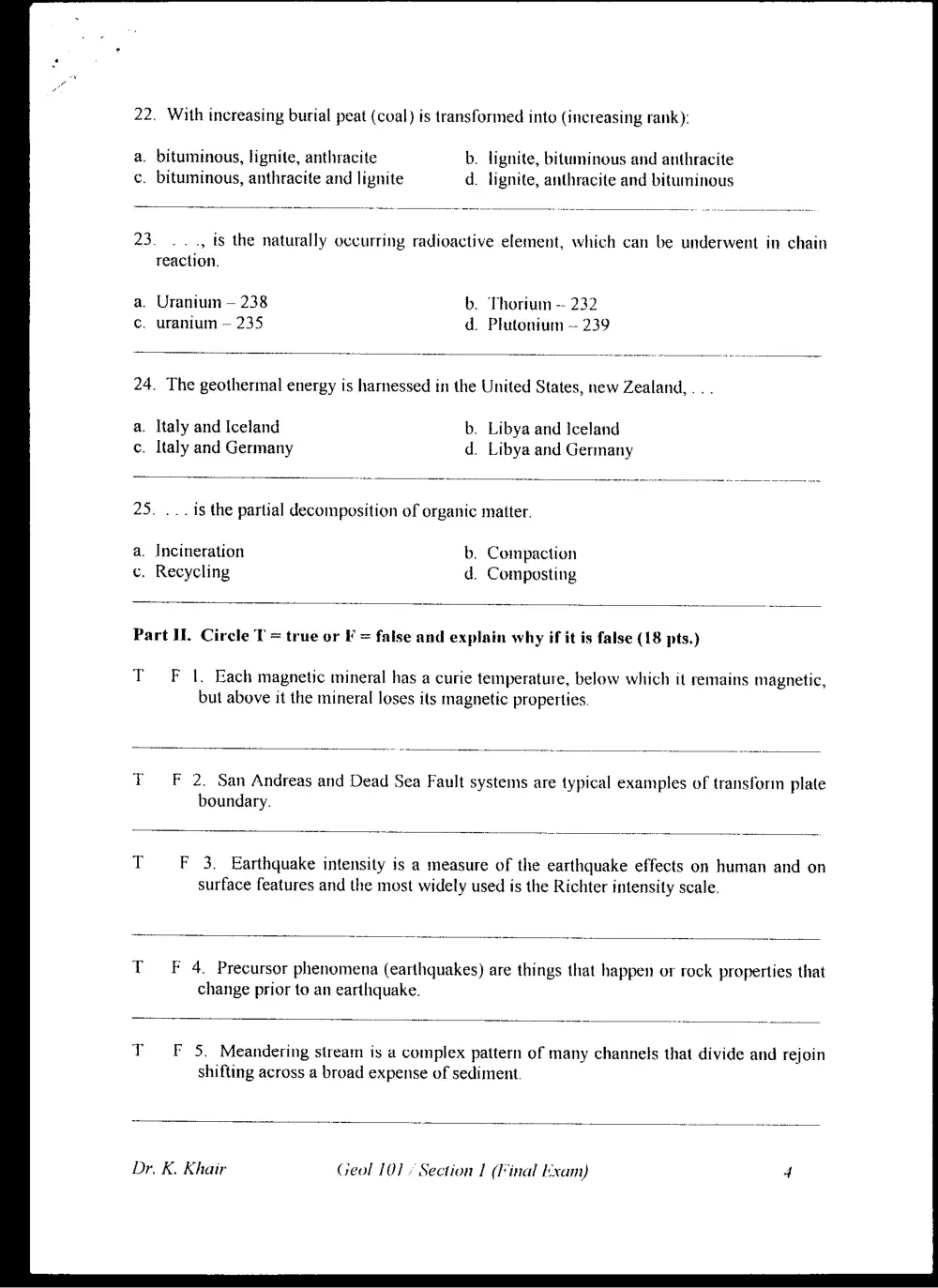 GEOL 101 Final, Fall 1999, page 4