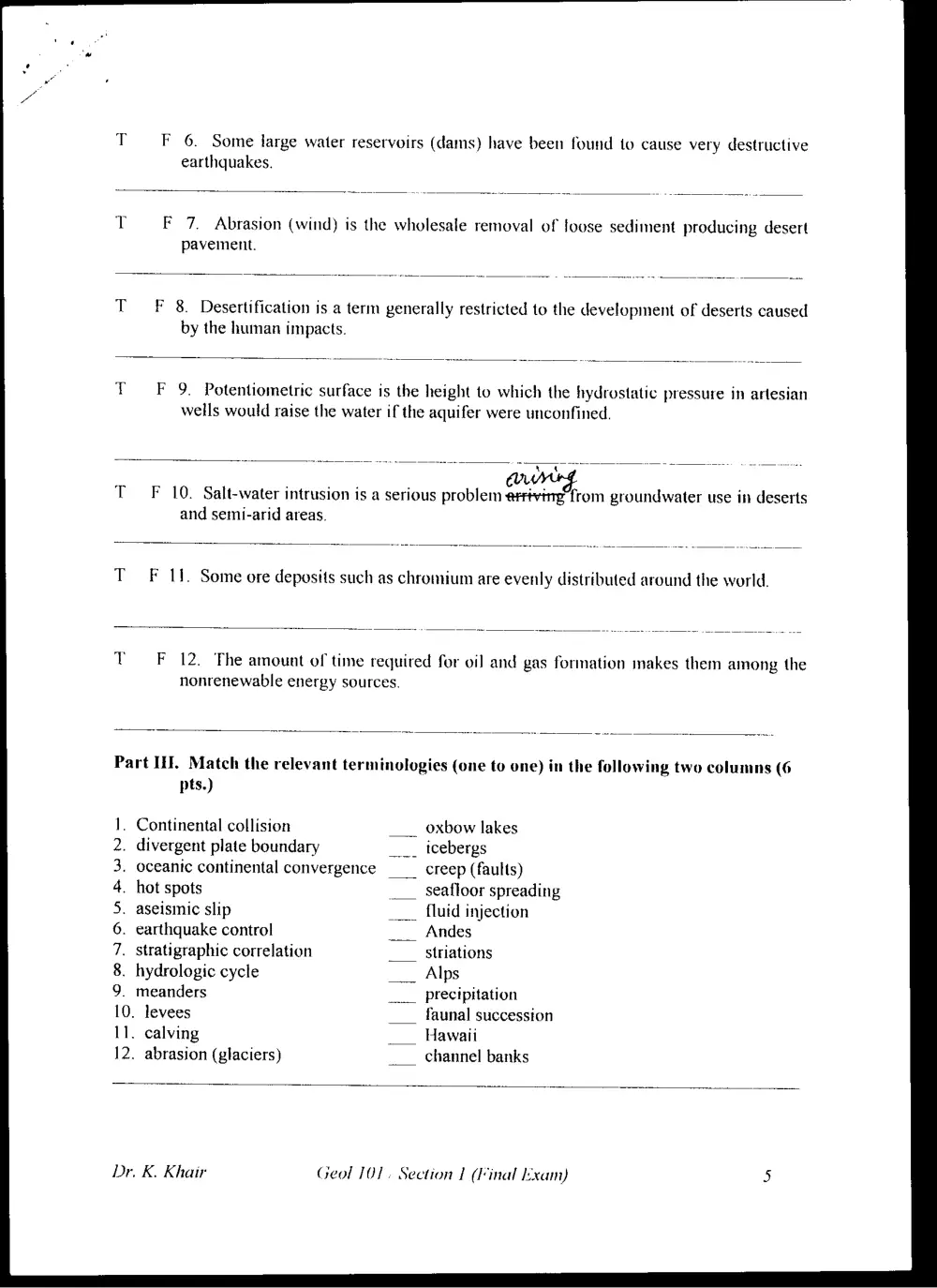 GEOL 101 Final, Fall 1999, page 5