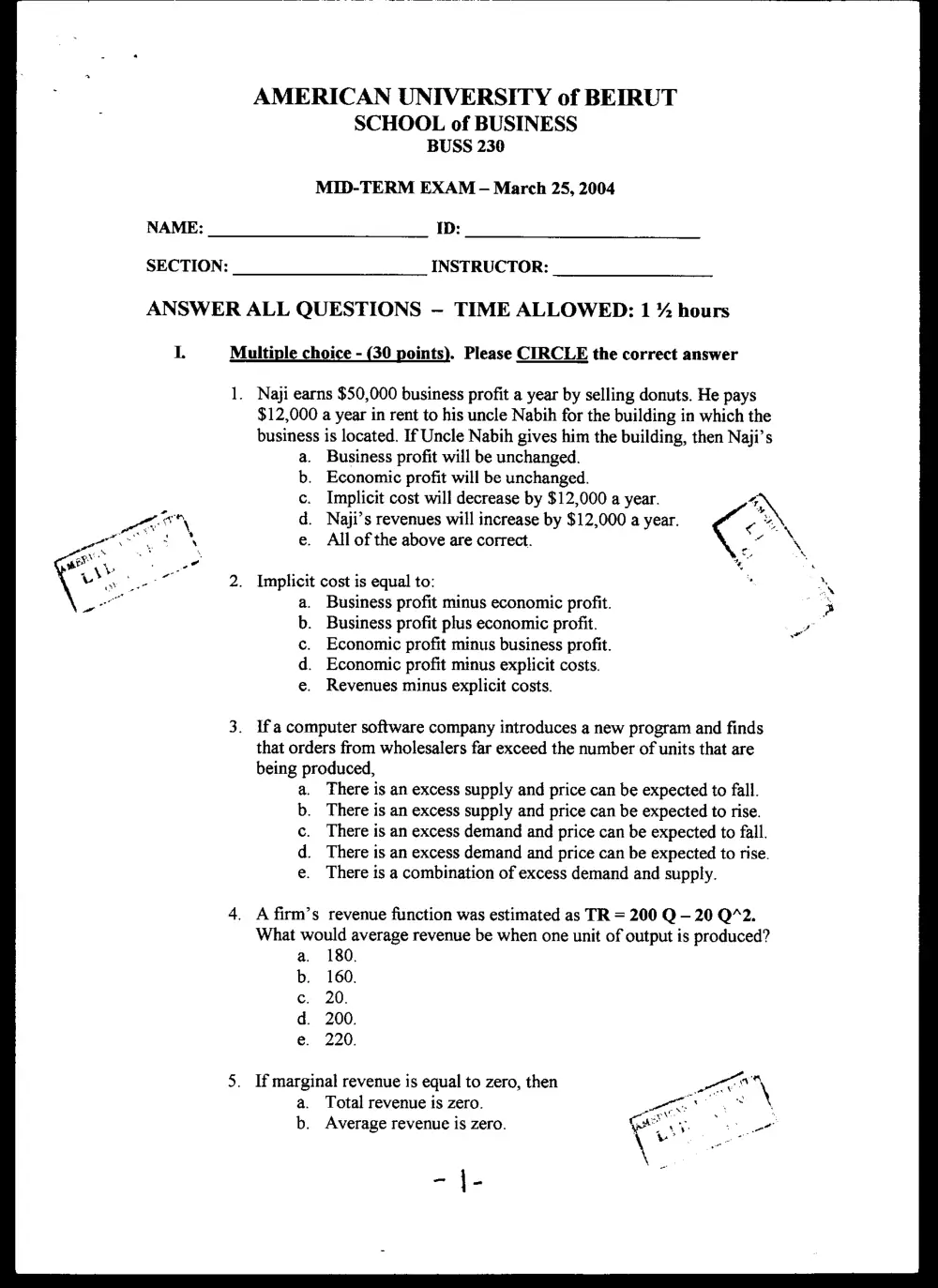 BUSS 230 Midterm, Spring 2004, page 1