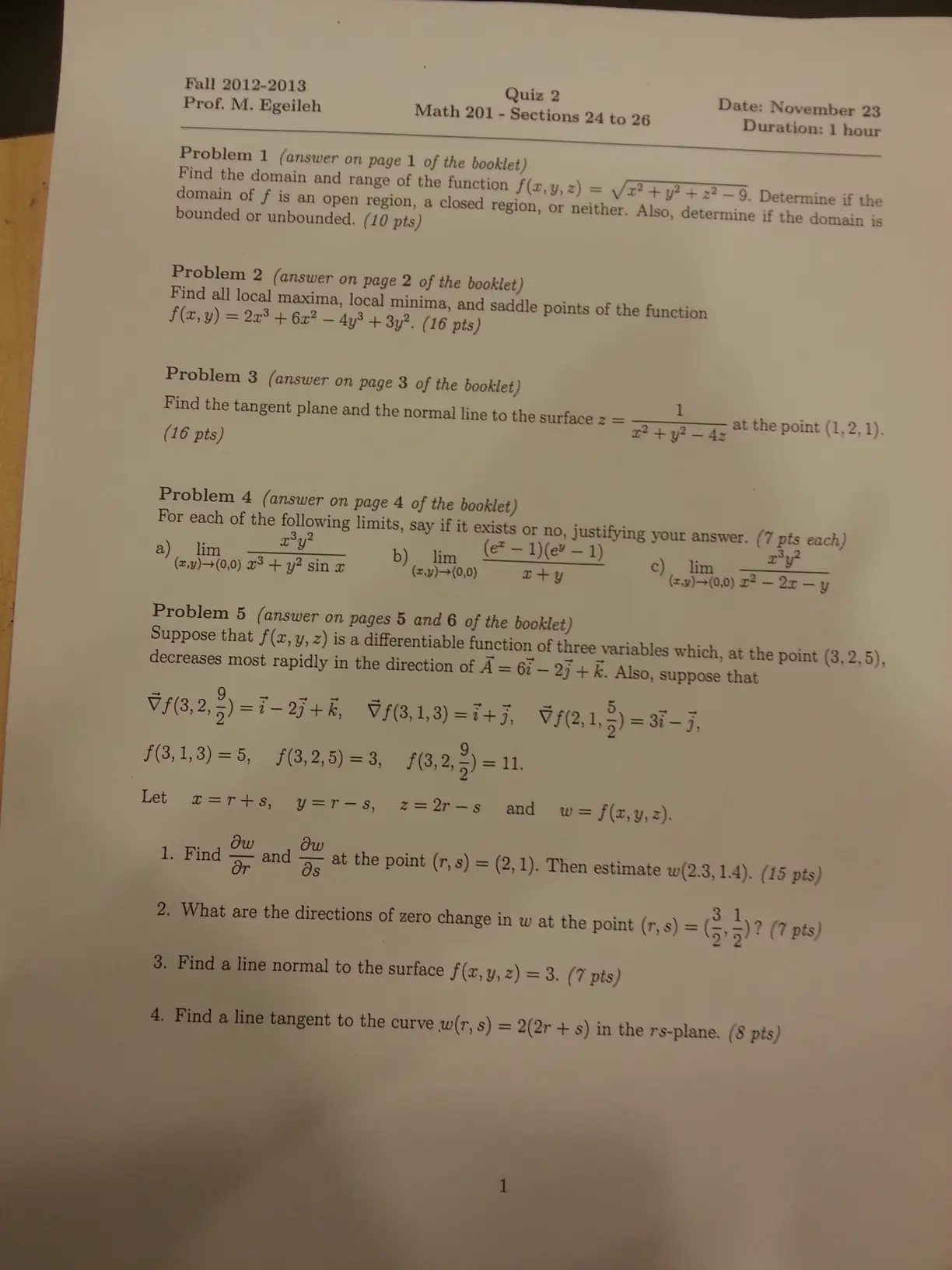 MATH 201 Exam 1, Fall 2012, page 1