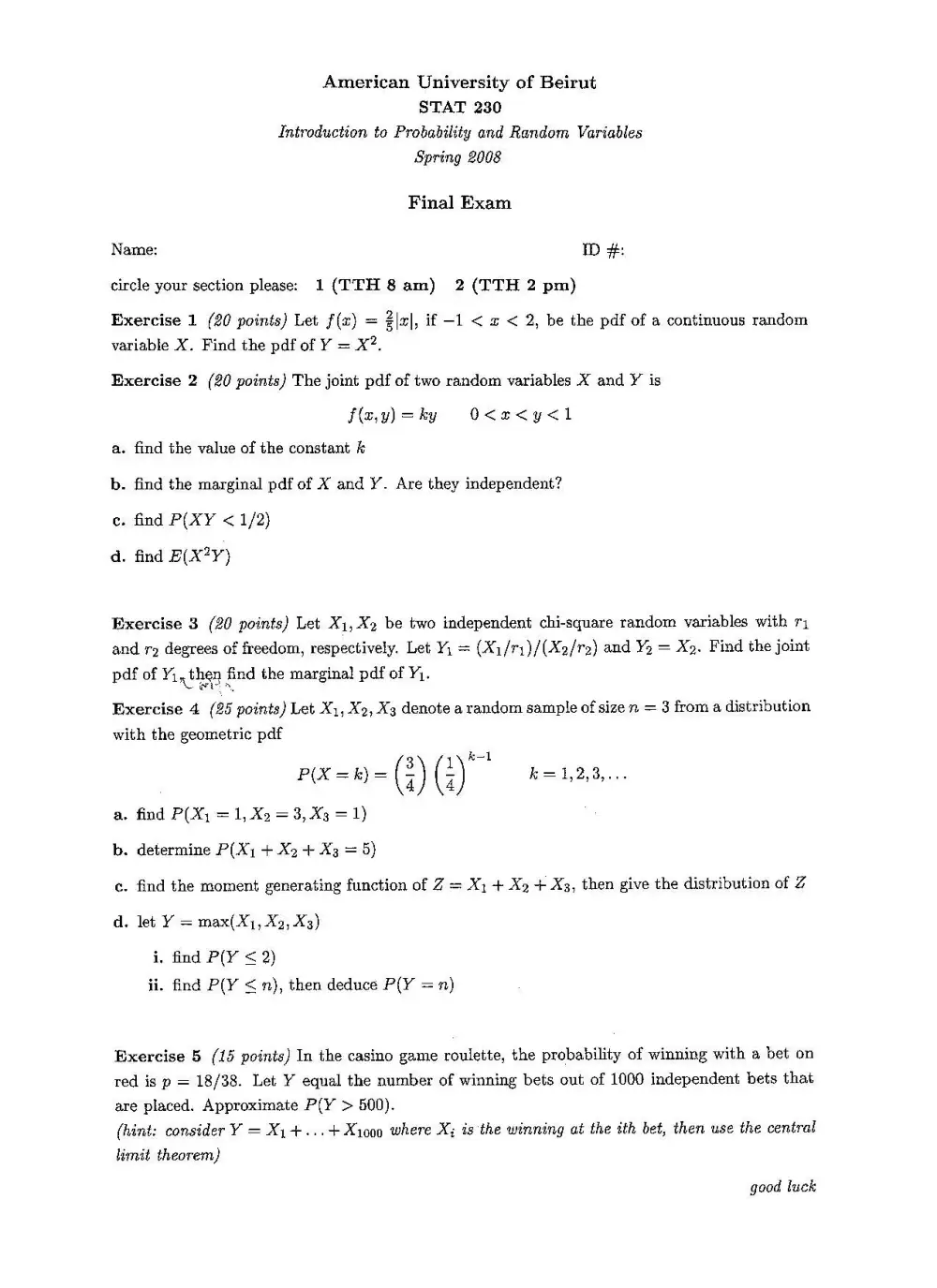 STAT 230 Final, Spring 2007, page 1