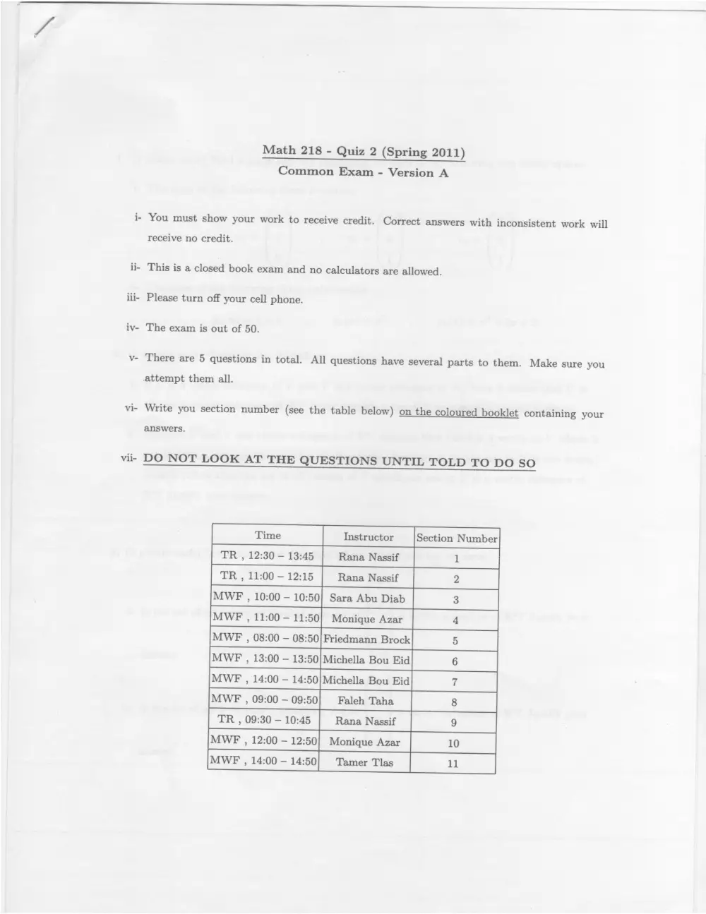 MATH 218 Exam 2 (common), Spring 2011, page 1