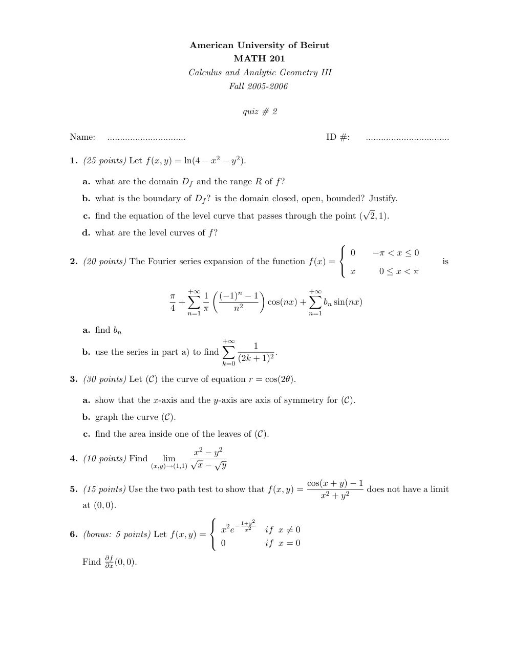 MATH 201 Exam 2, Fall 2005, page 1