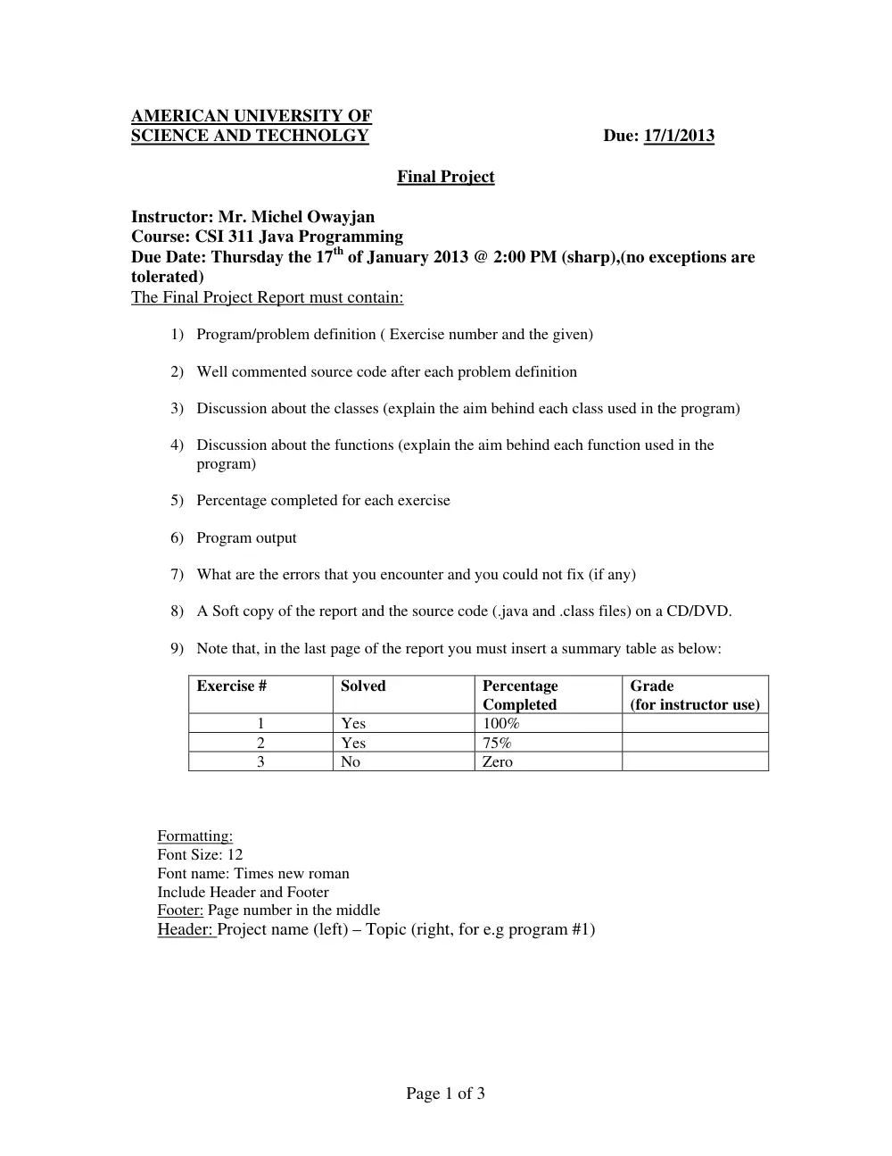 CSI 311 Project Question Sheet, Fall 2012, page 1