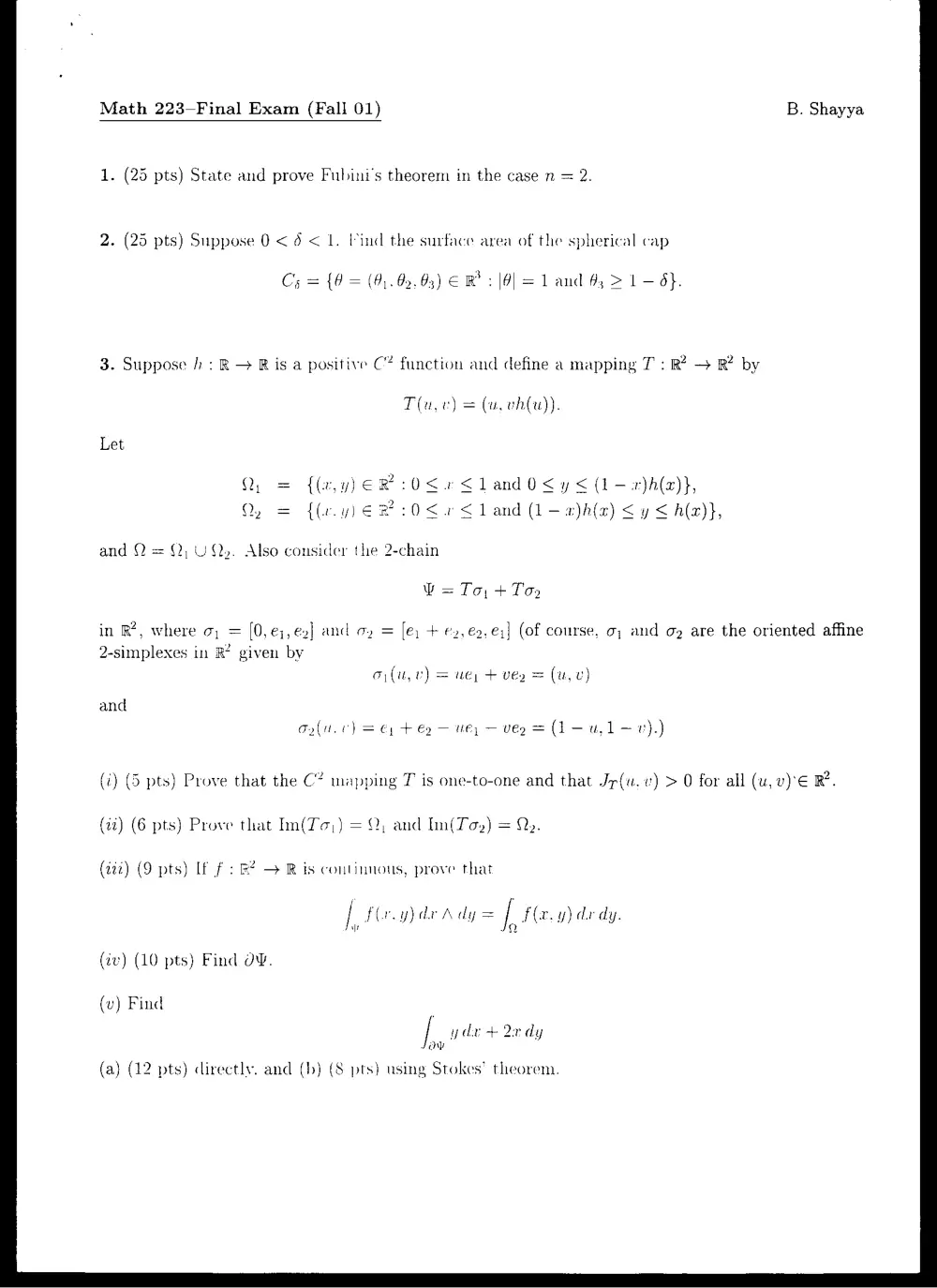 MATH 223 Final, Fall 2000, page 1