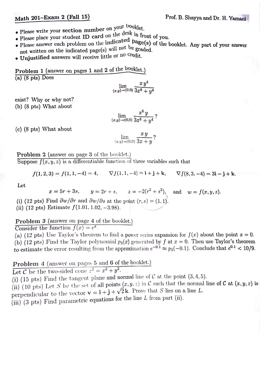 MATH 201 Exam 2, Fall 2015, page 1
