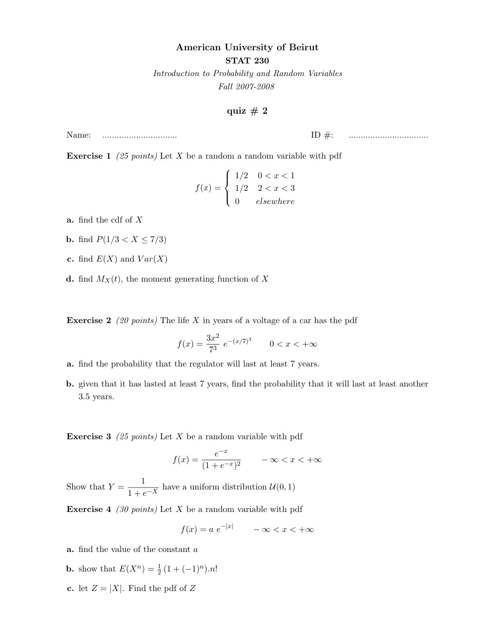 STAT 230 Exam 2, Fall 2007, page 1
