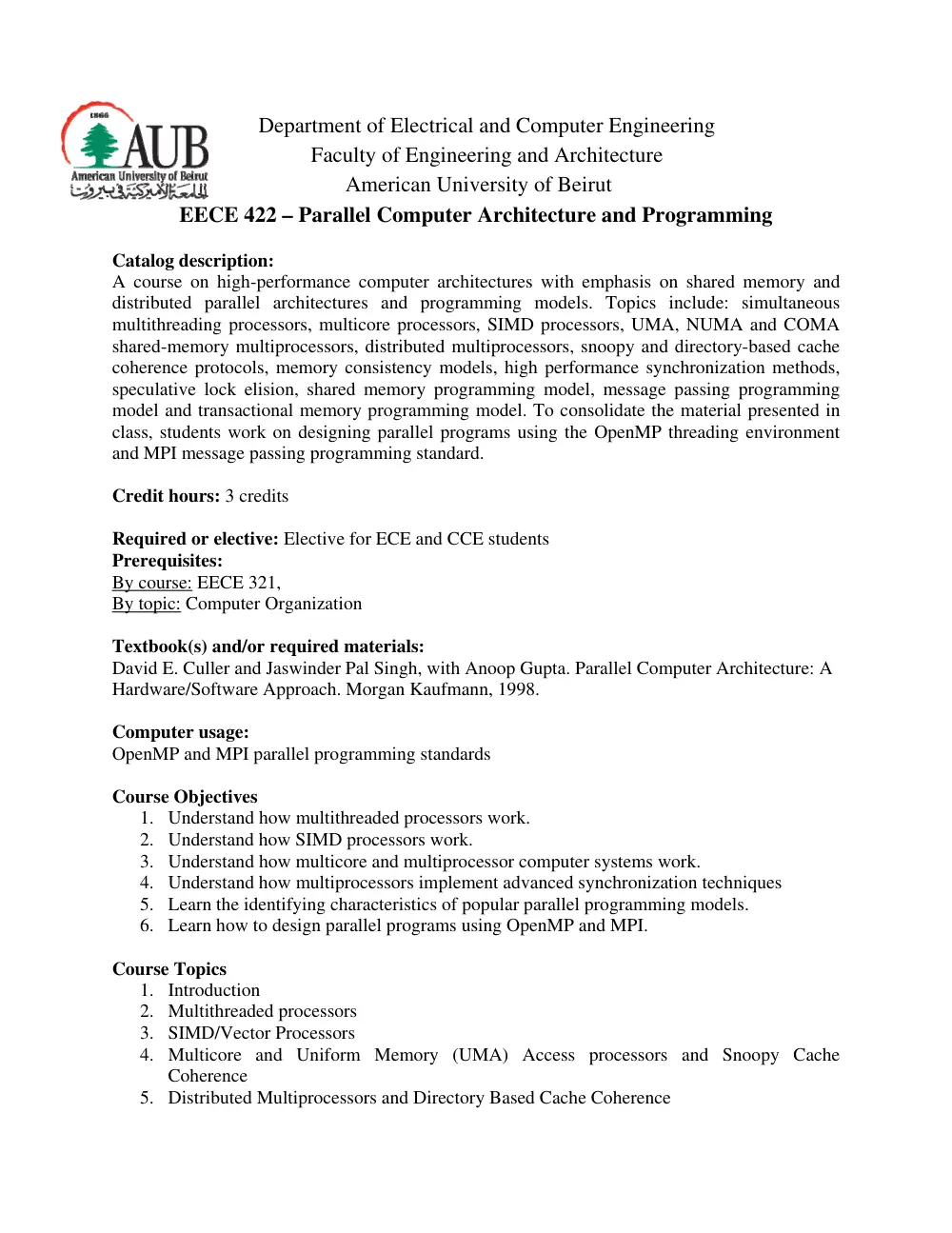 EECE 422 Syllabus, Fall 2013, page 1