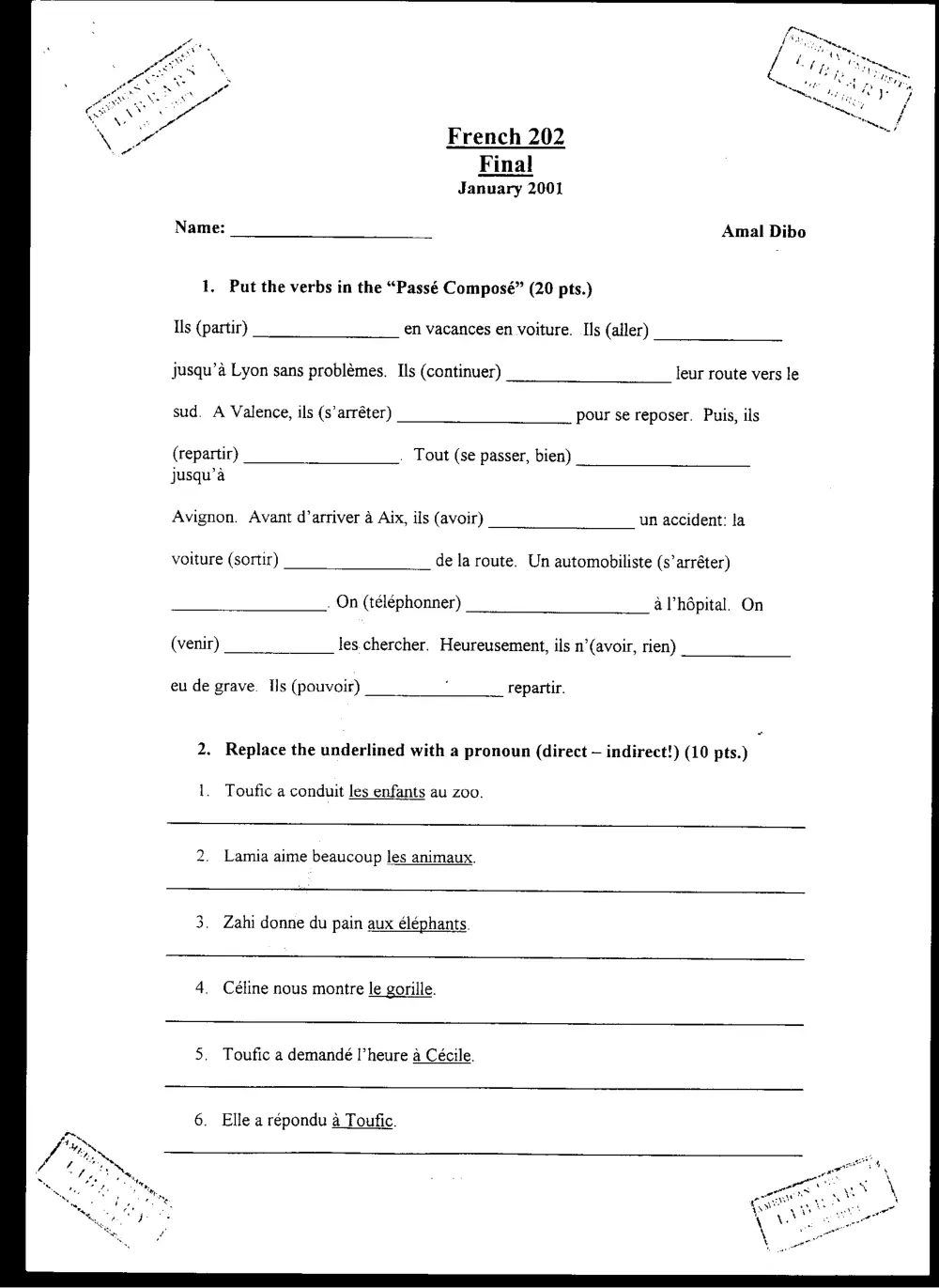 FREN 202 Final, Fall 2000, page 1