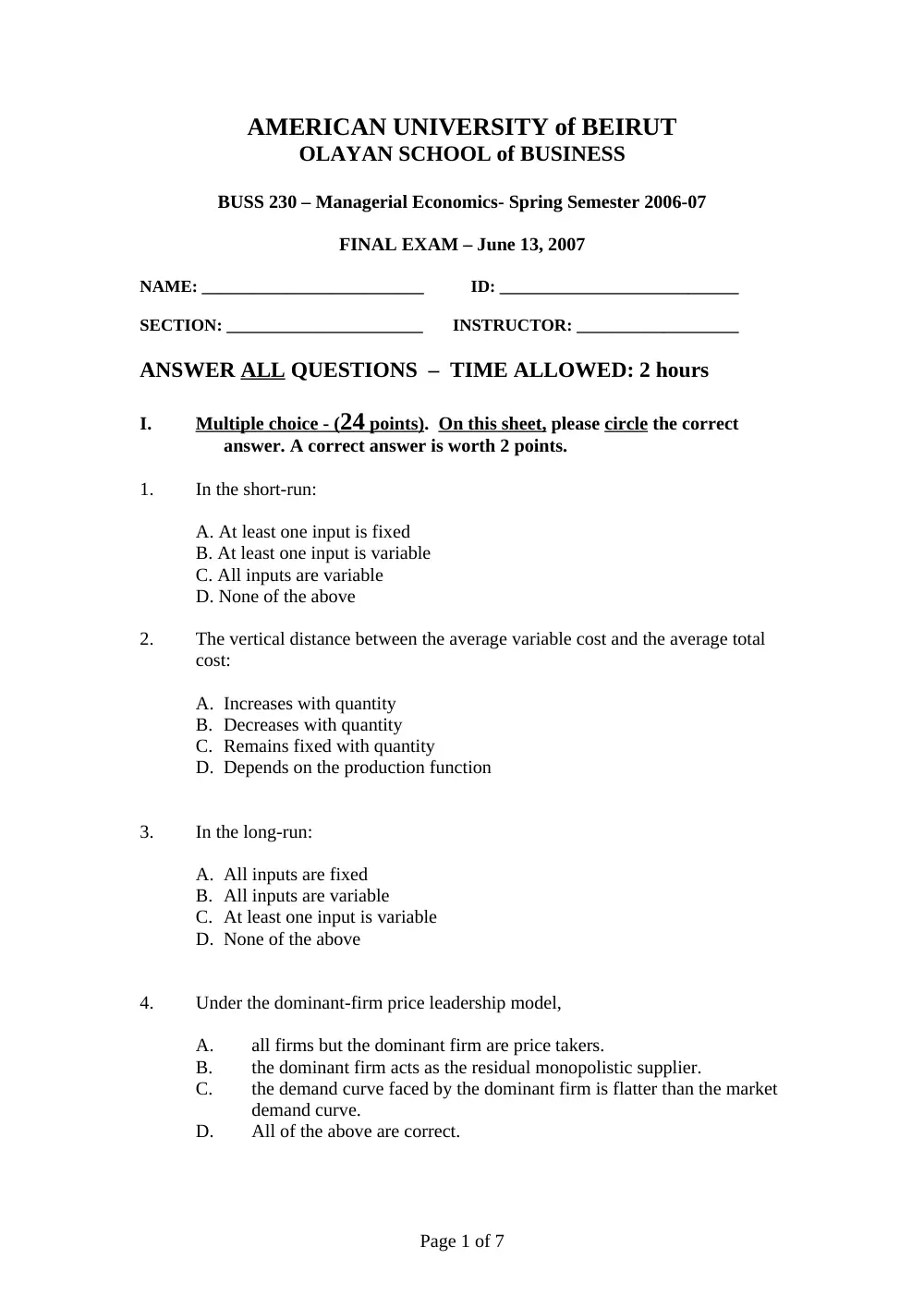 BUSS 230 Final, Fall 2007, page 1