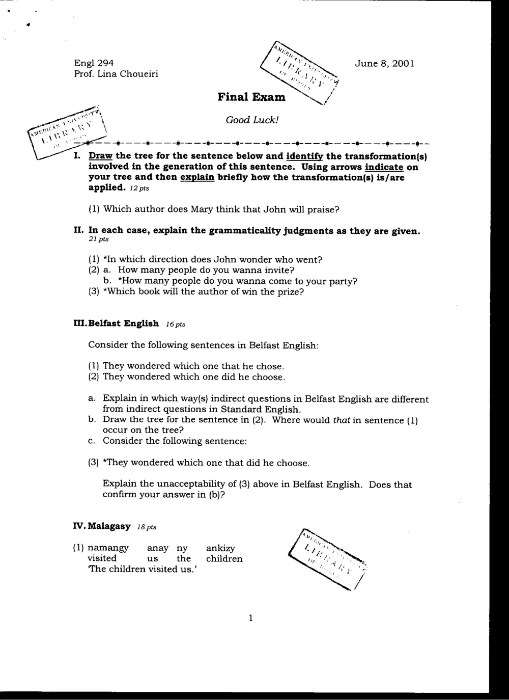 ENG 294 Final, Spring 2001, page 1