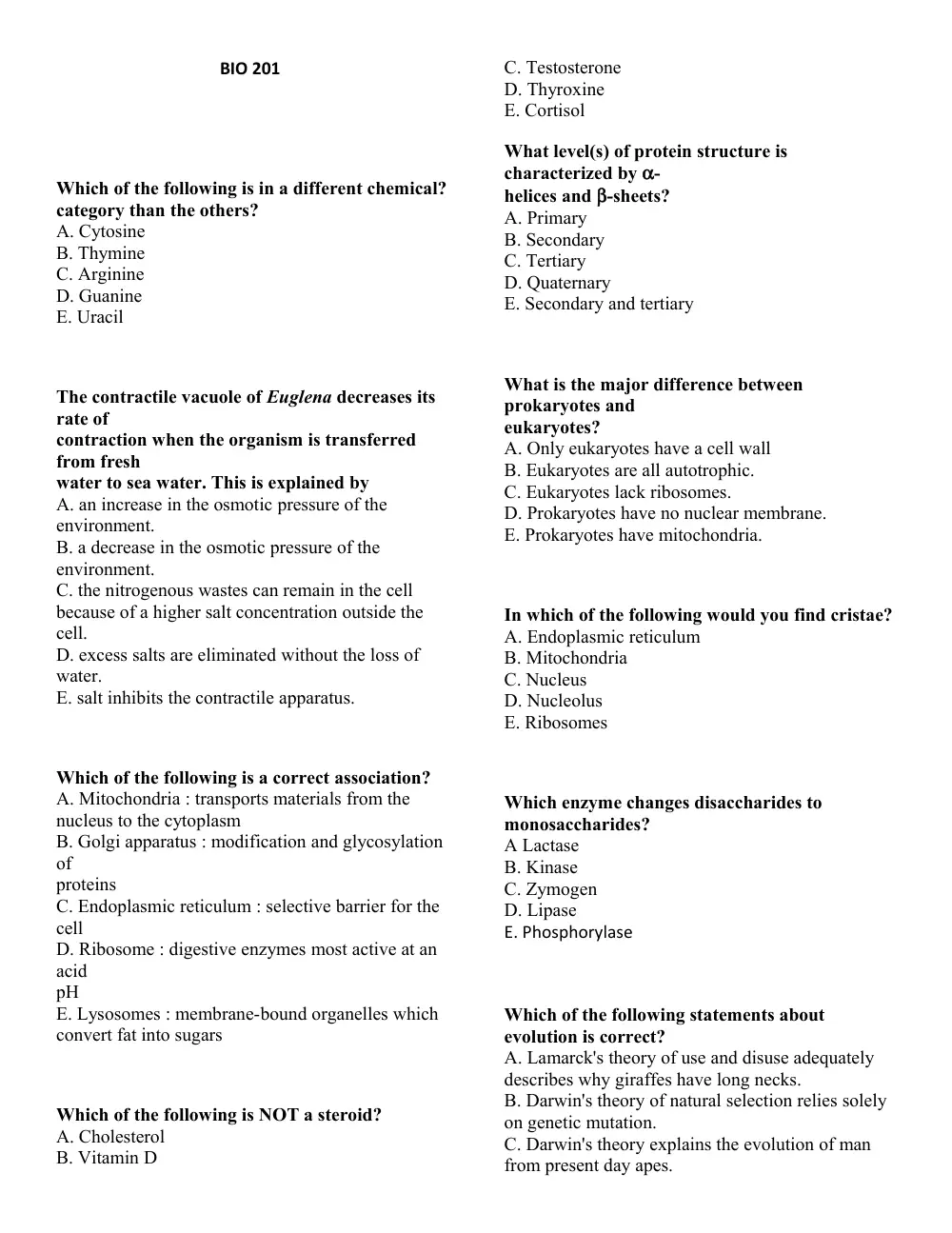 BIO 201 Exam 1 Sample, Spring 2011, page 1