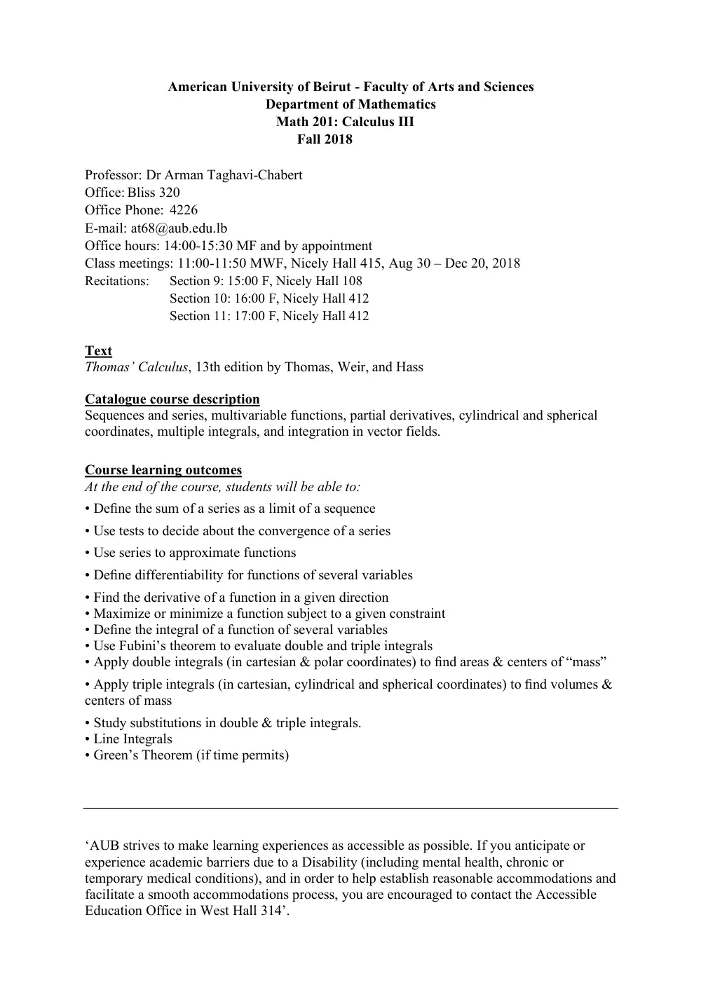 MATH 201 Syllabus, Fall 2018, page 1