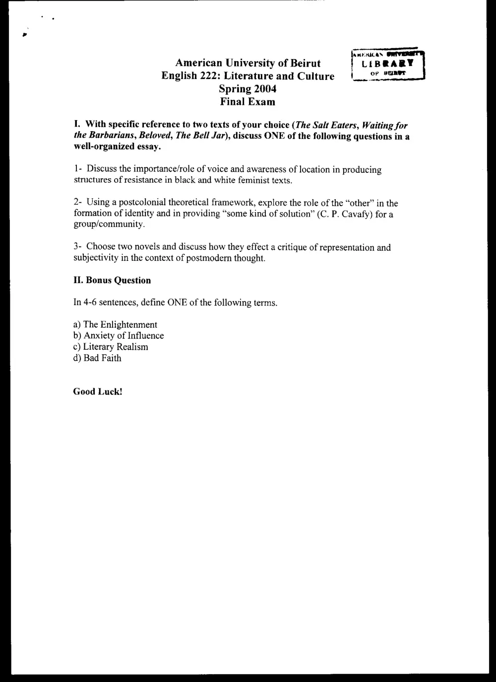 ENG 222 Final, Spring 2004, page 1