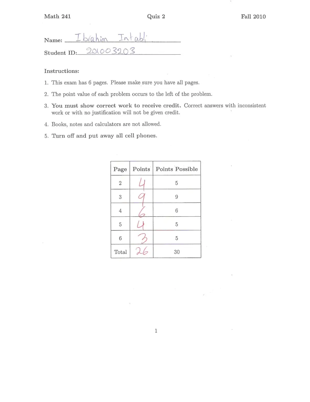 MATH 241 Exam 2, Fall 2010, page 1