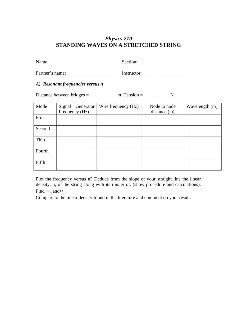 PHYS 210L Lab Solved Report Standing Waves String, Fall 2012, page 1