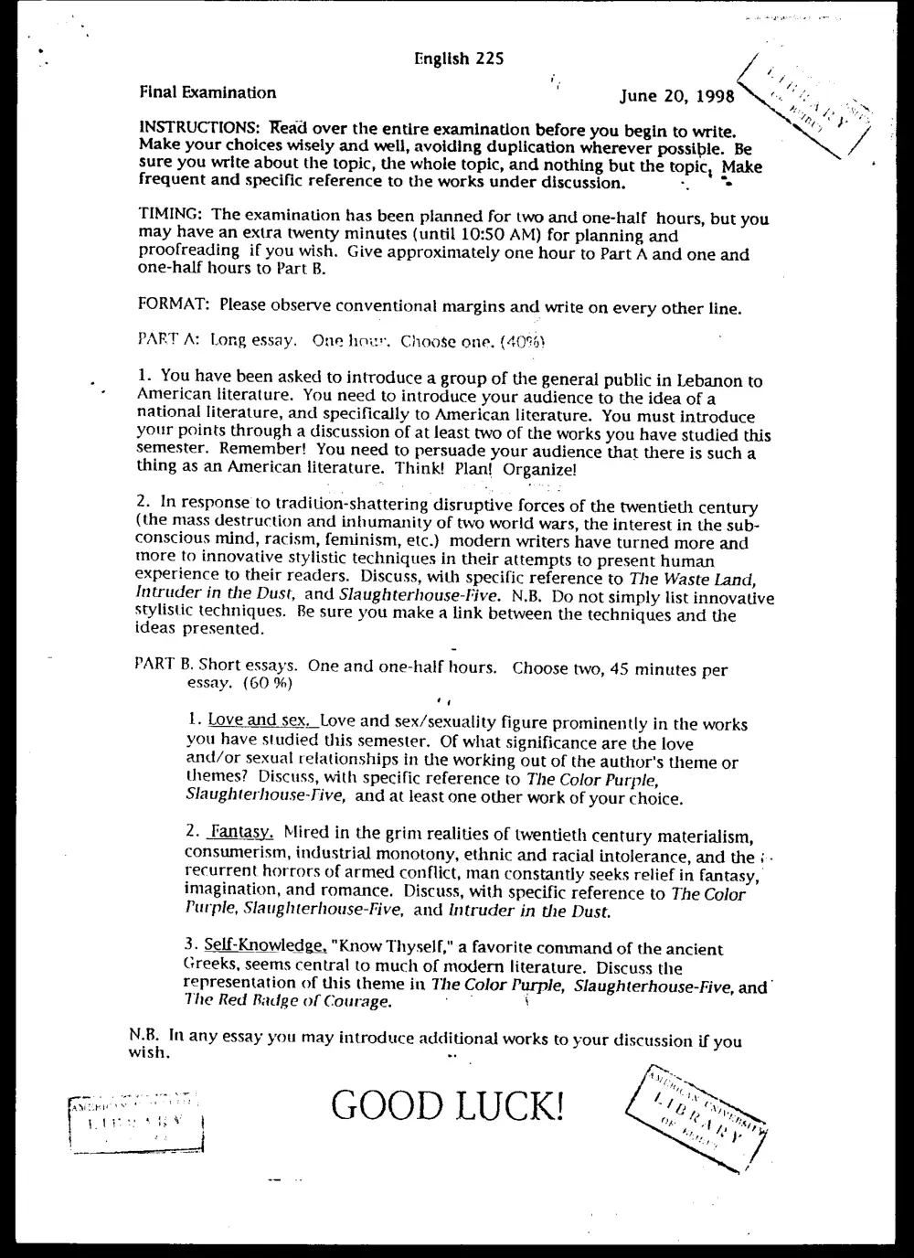 ENG 225 Final, Spring 1998, page 1