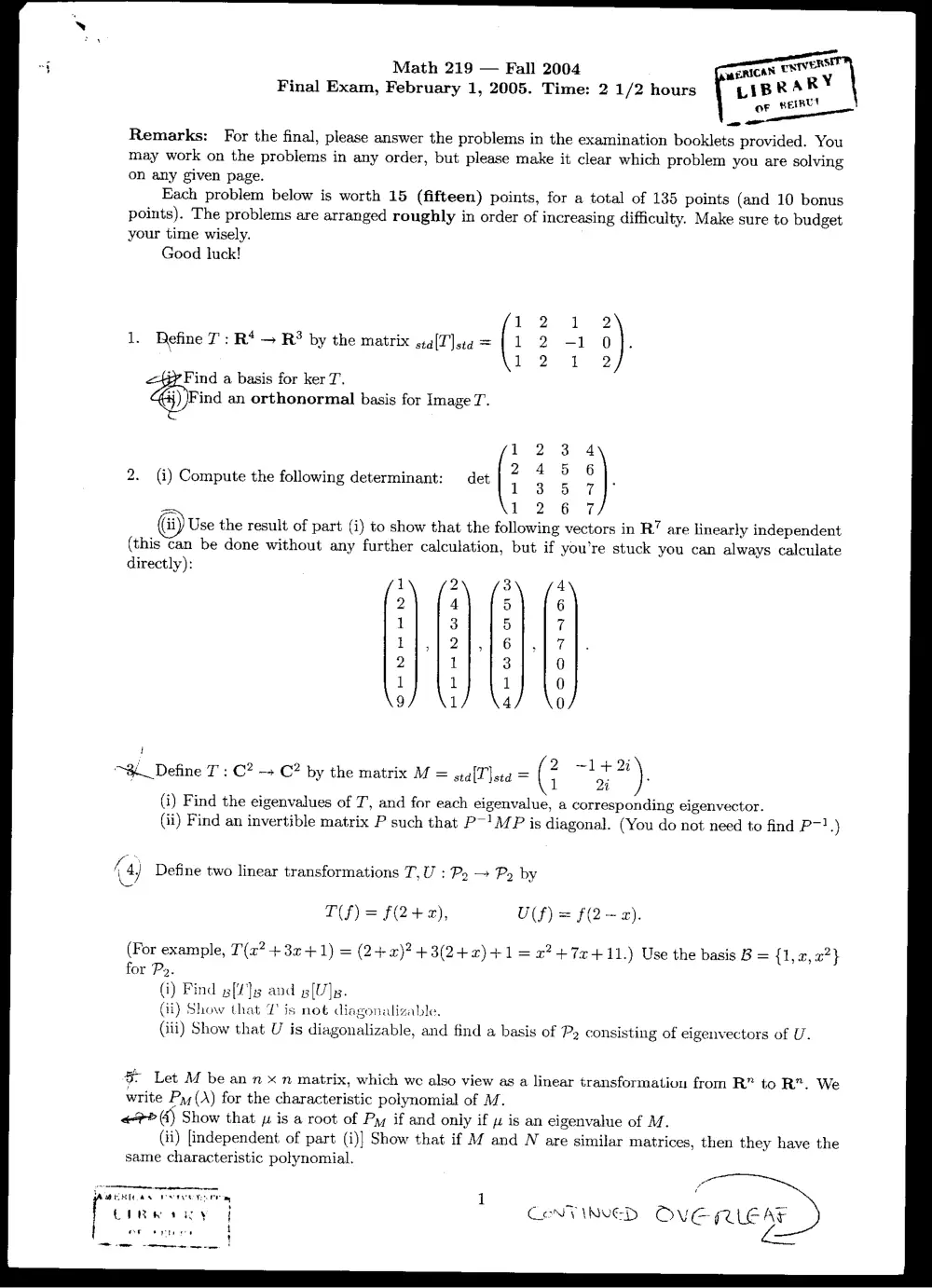 MATH 219 Final, Fall 2004, page 1