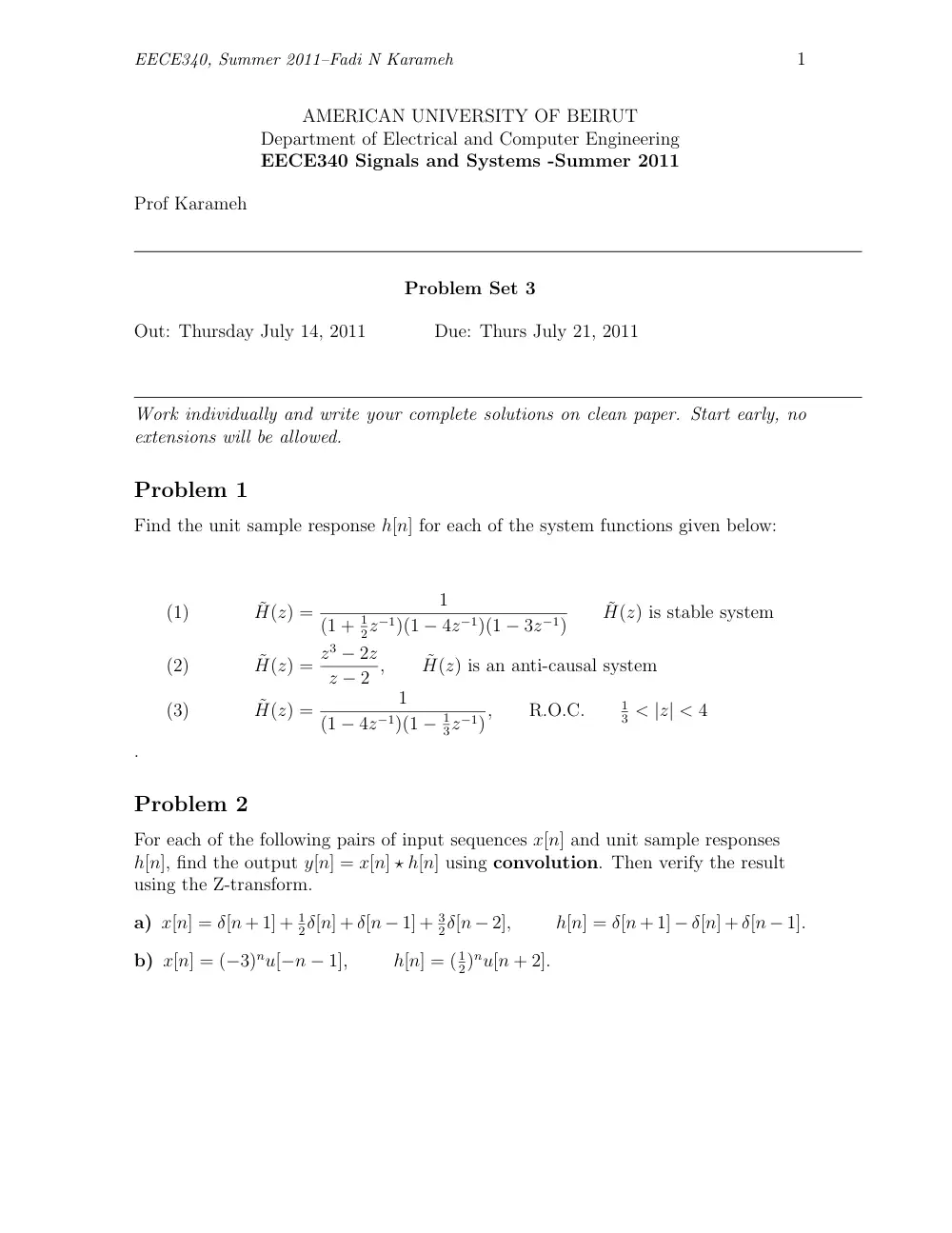 EECE 340 Homework Problem Set 3, Summer 2011, page 1