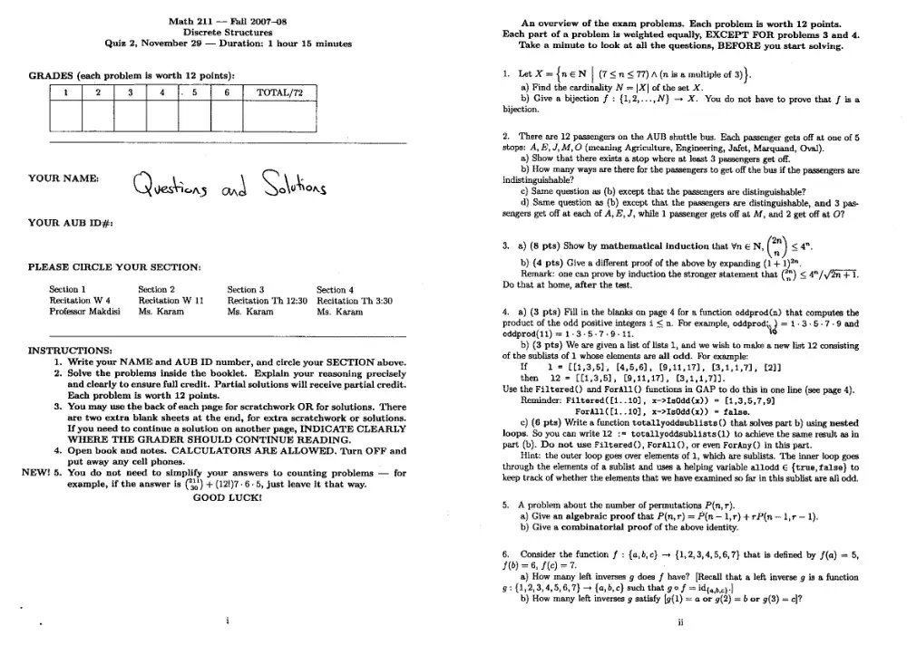 MATH 211 Exam 2 with Solution, Fall 2007, page 1