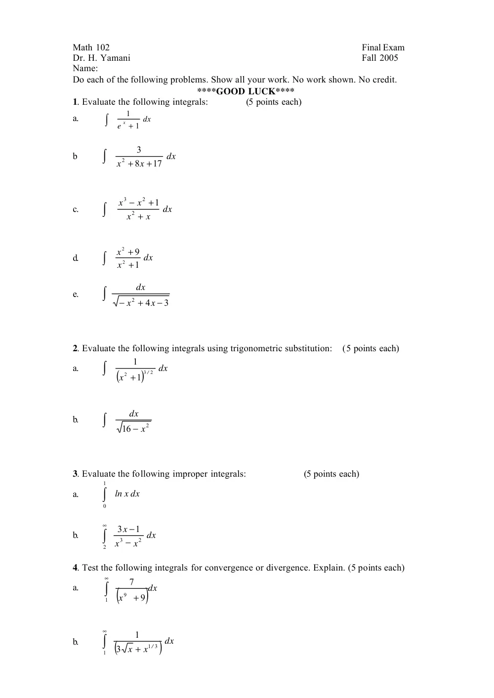 MATH 102 Final, Fall 2005, page 1