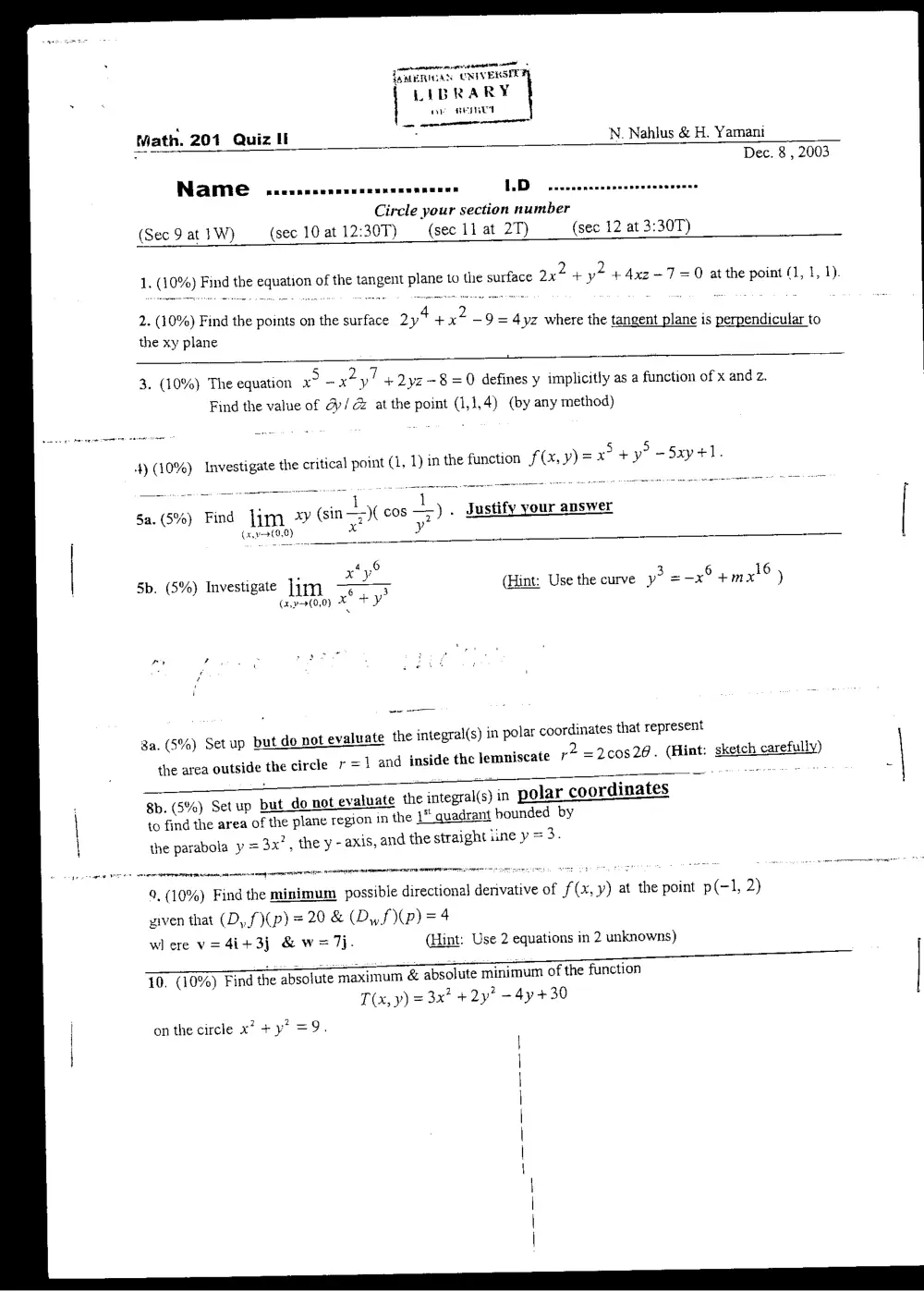 MATH 201 Exam 2, Fall 2003, page 1