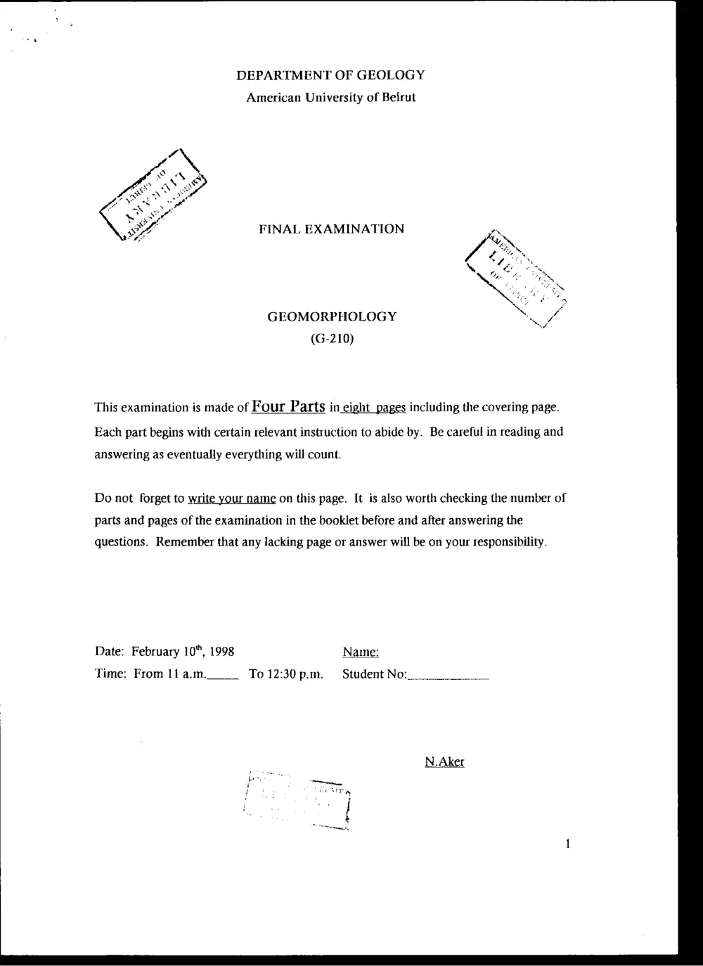 GEOL 210 Final, Fall 1997, page 1