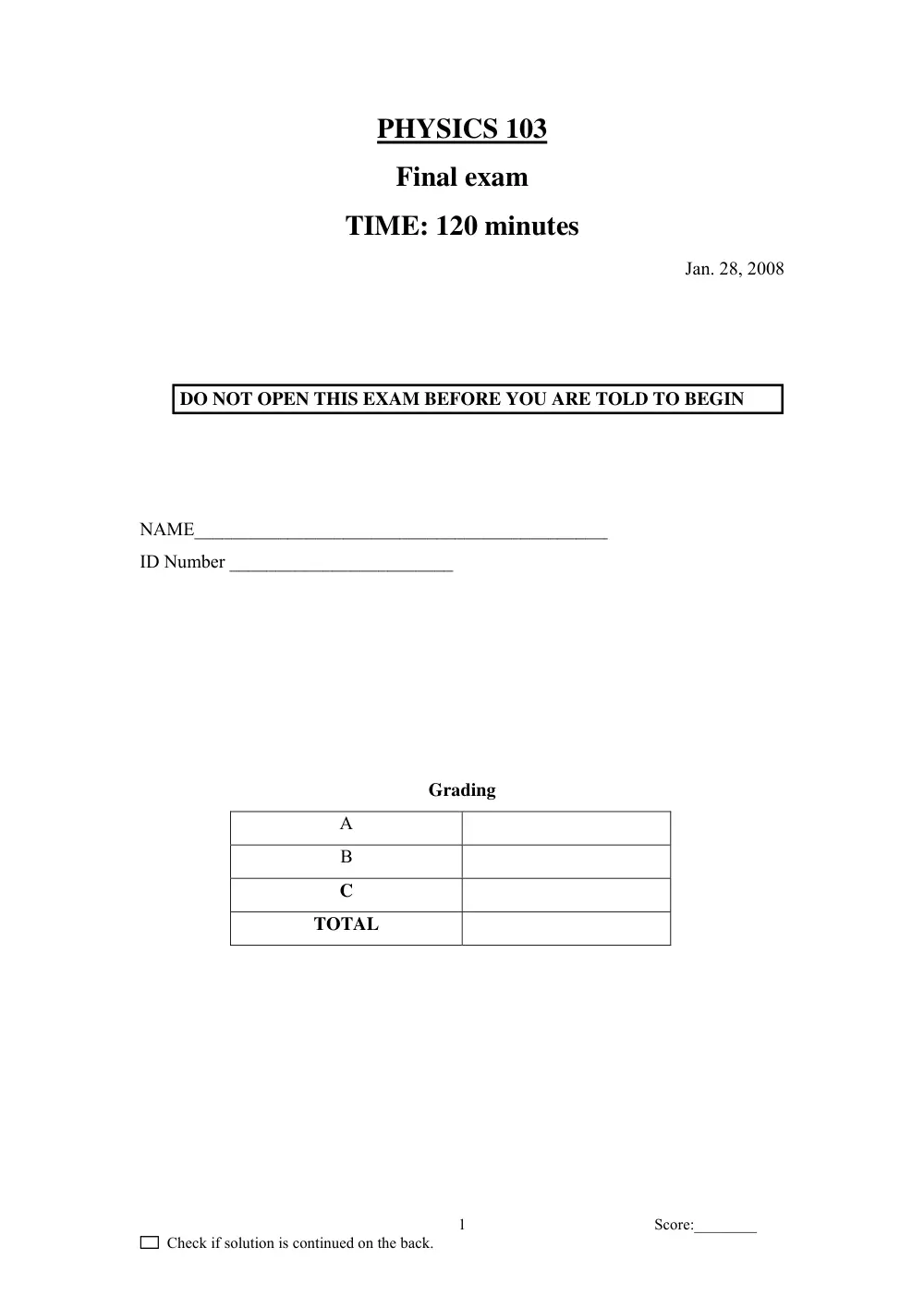PHYS 103 Final, Fall 2007, page 1