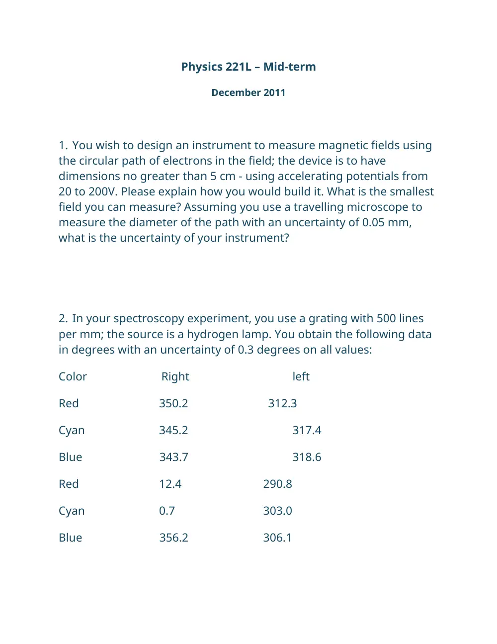 PHYS 221L Midterm, Fall 2011, page 1