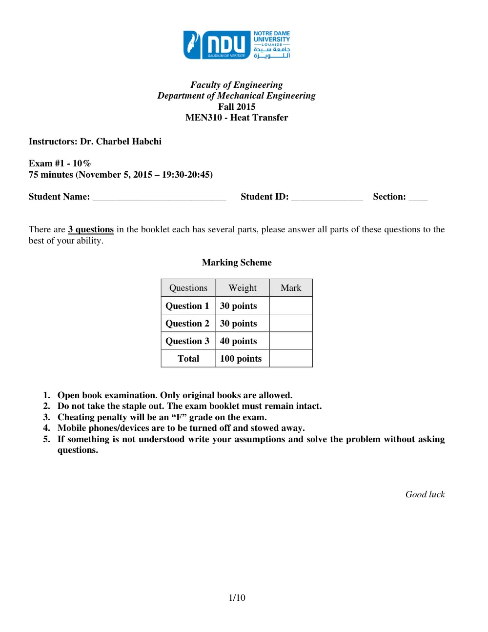 MEN 310 Exam 1, Fall 2015, page 1