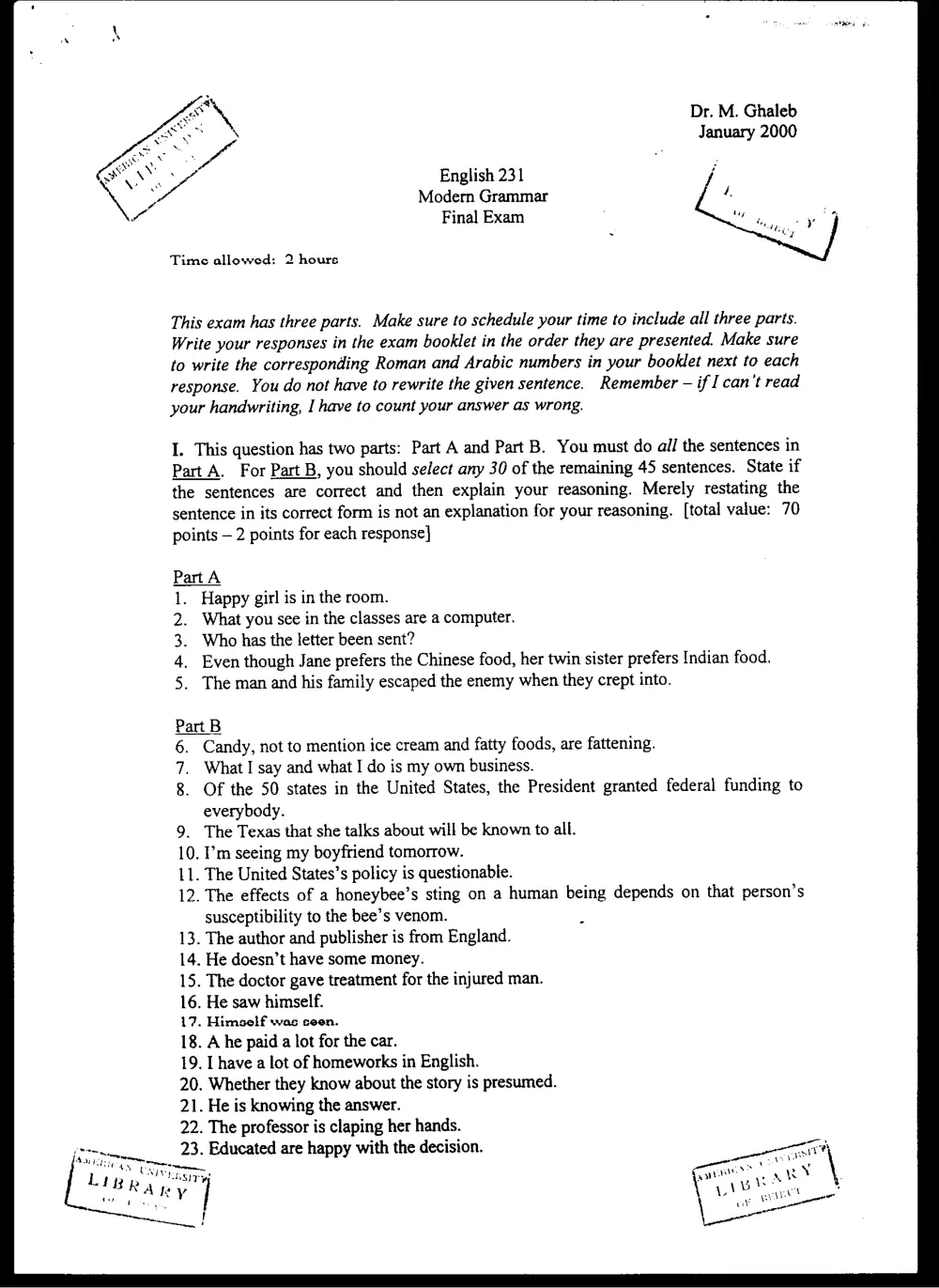 ENG 231 Final, Fall 1999, page 1