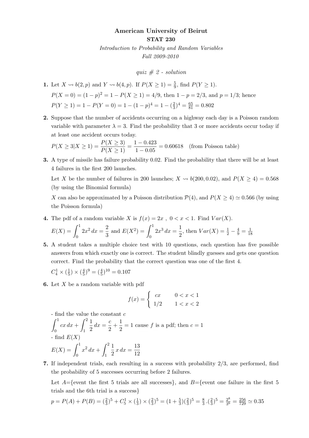 STAT 230 Exam 2 Solution, Fall 2009, page 1